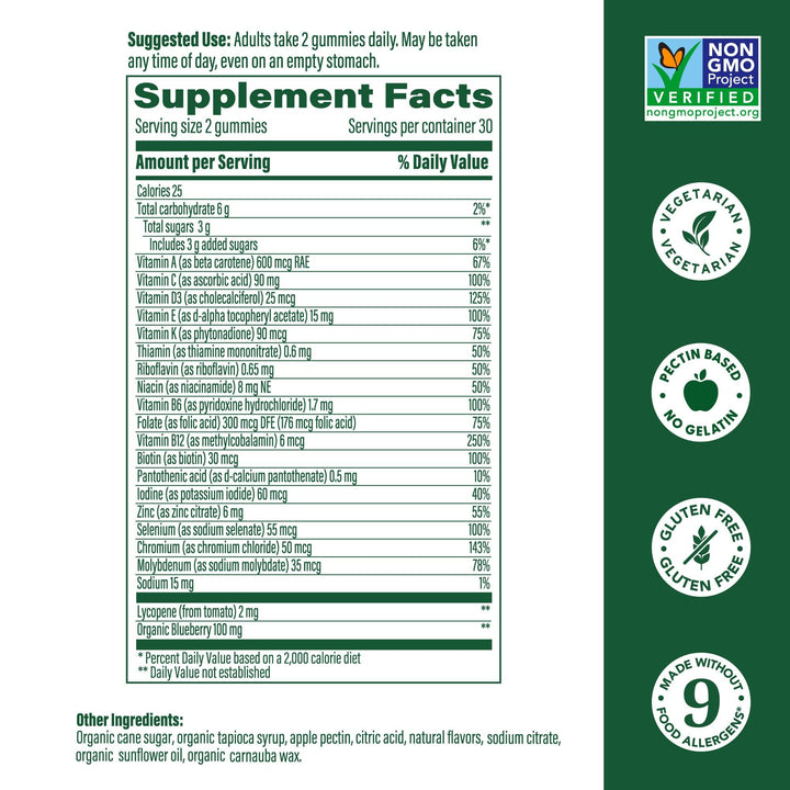 MegaFood Men's Multi - Multivitamin for Men - Gummy Vitamins for Men - Vitamin C, Vitamin D, Zinc, Vitamin B12 & Real Fruit - Immune Support - Vegetarian - Wild Blueberry - 60 Gummies (30 Servings)