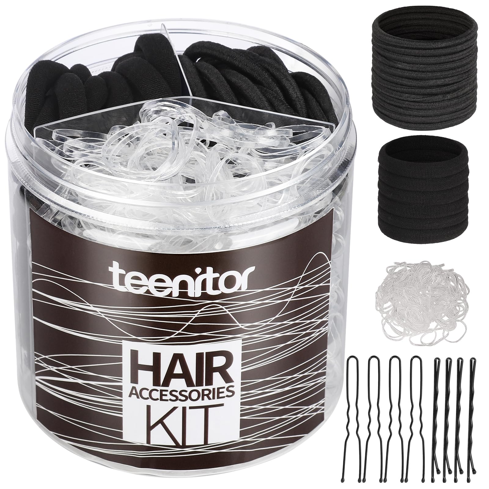 Teenitor Hair Accessories Kit for Woman & Girls: 500pcs Elastic Hair Bands; 30pcs Ponytail Holders, Black Seamless Thick Hair Bands; 40pcs Bobby Pins, Clear & More