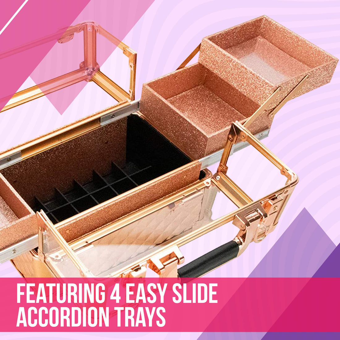 Ver Beauty 3.8mm armored acrylic makeup case jewelry portable travel organizer with 4 extendable trays clear cover micro-fiber cloth brush holders keylocks - vp017, Rose Gold Diamond