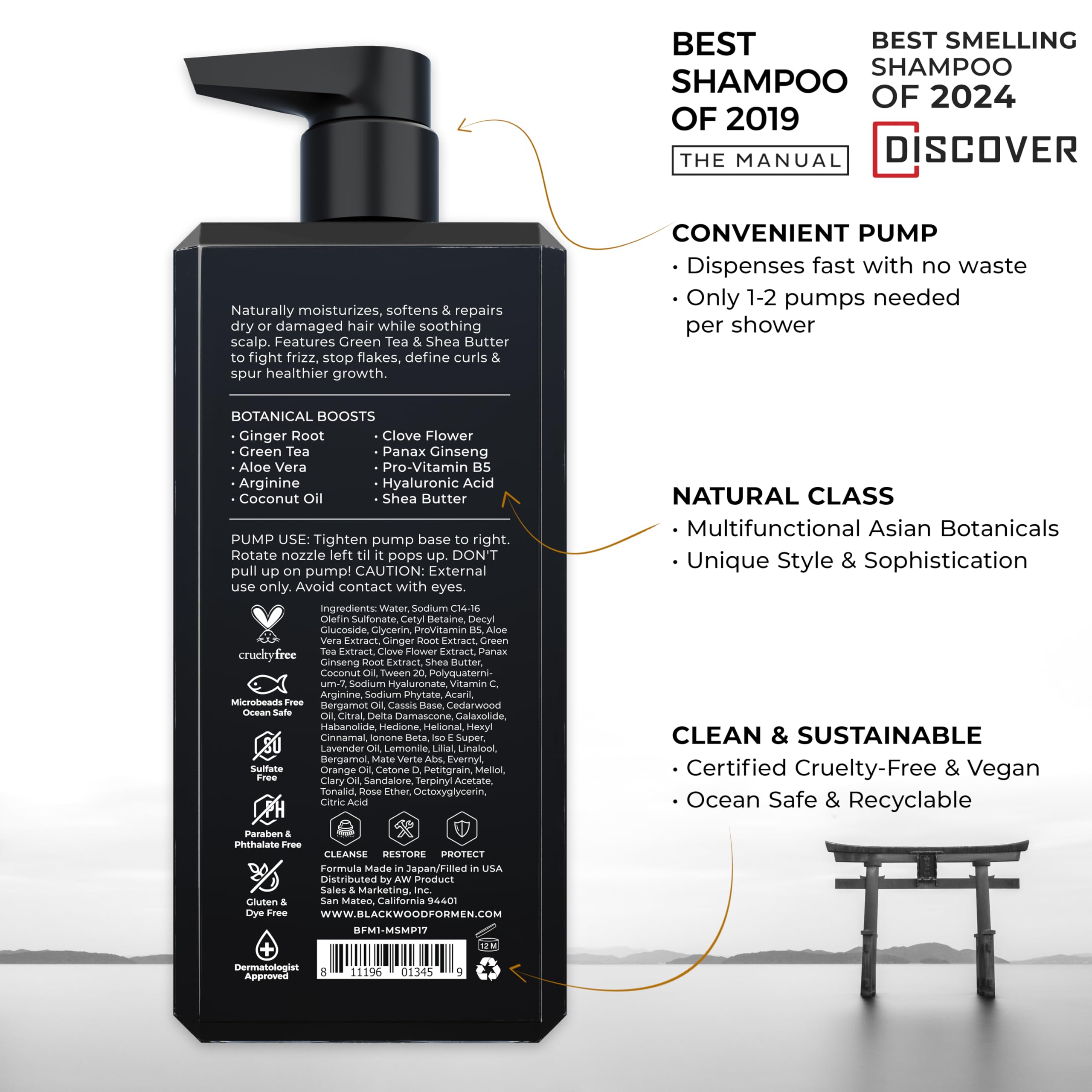 Blackwood For Men Hydroblast Moisturizing Shampoo - Men's Shampoo for Coarse, Dry, & Curly Hair - Infused with Ginseng & Ginger- Natural Vegan Formula -Sulfate Free, Paraben Free & Cruelty Free(17 Oz)