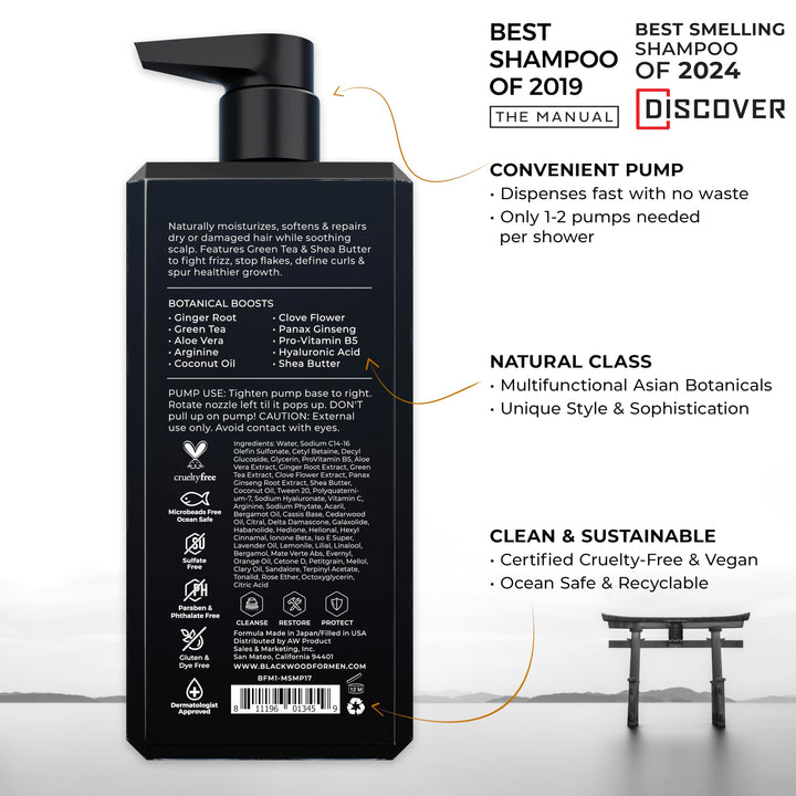 Blackwood For Men Hydroblast Moisturizing Shampoo - Men's Shampoo for Coarse, Dry, & Curly Hair - Infused with Ginseng & Ginger- Natural Vegan Formula -Sulfate Free, Paraben Free & Cruelty Free(17 Oz)
