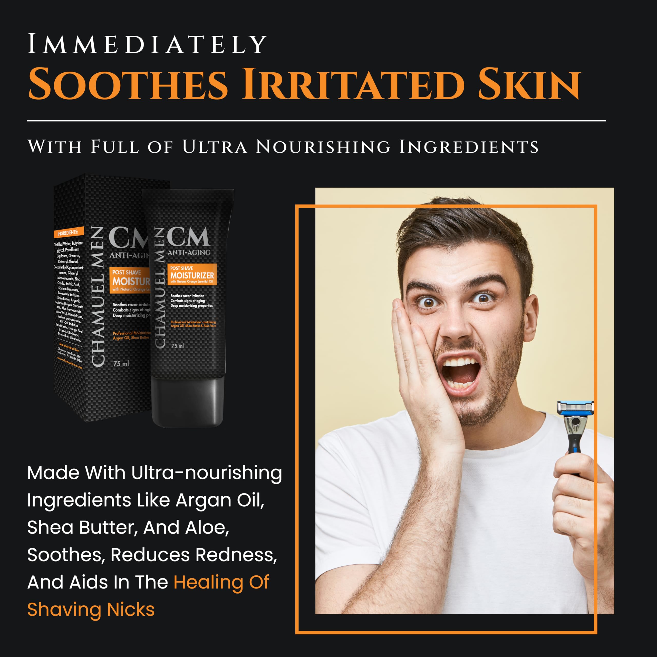 Chamuel Men's Skincare Post Shave Lotion – Anti-Aging All Natural SPF Sunscreen After Shave Grooming Moisturizer for Sensitive, Dry, Oily or Combo Skin, 2.6 oz