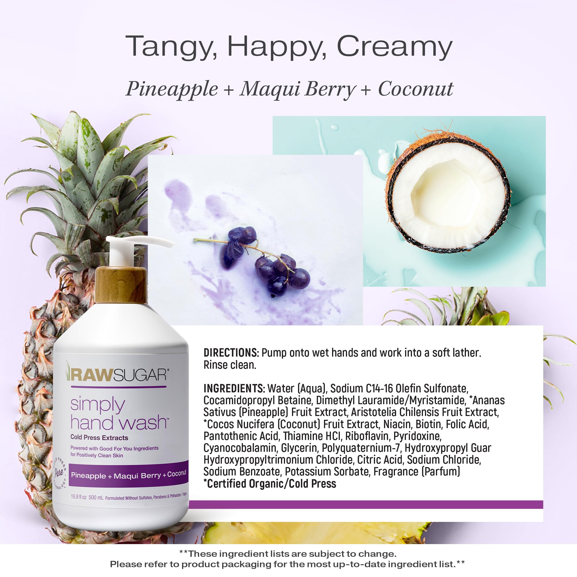 RAW SUGAR Simply Hand Wash, 16.9 Fl Oz (Pack of 3) Pineapple + Maqui Berry + Coconut Liquid Hand Soap for Kitchen or Bathroom, Cleanses & Refreshes Hands, Formulated without Sulfates & Parabens