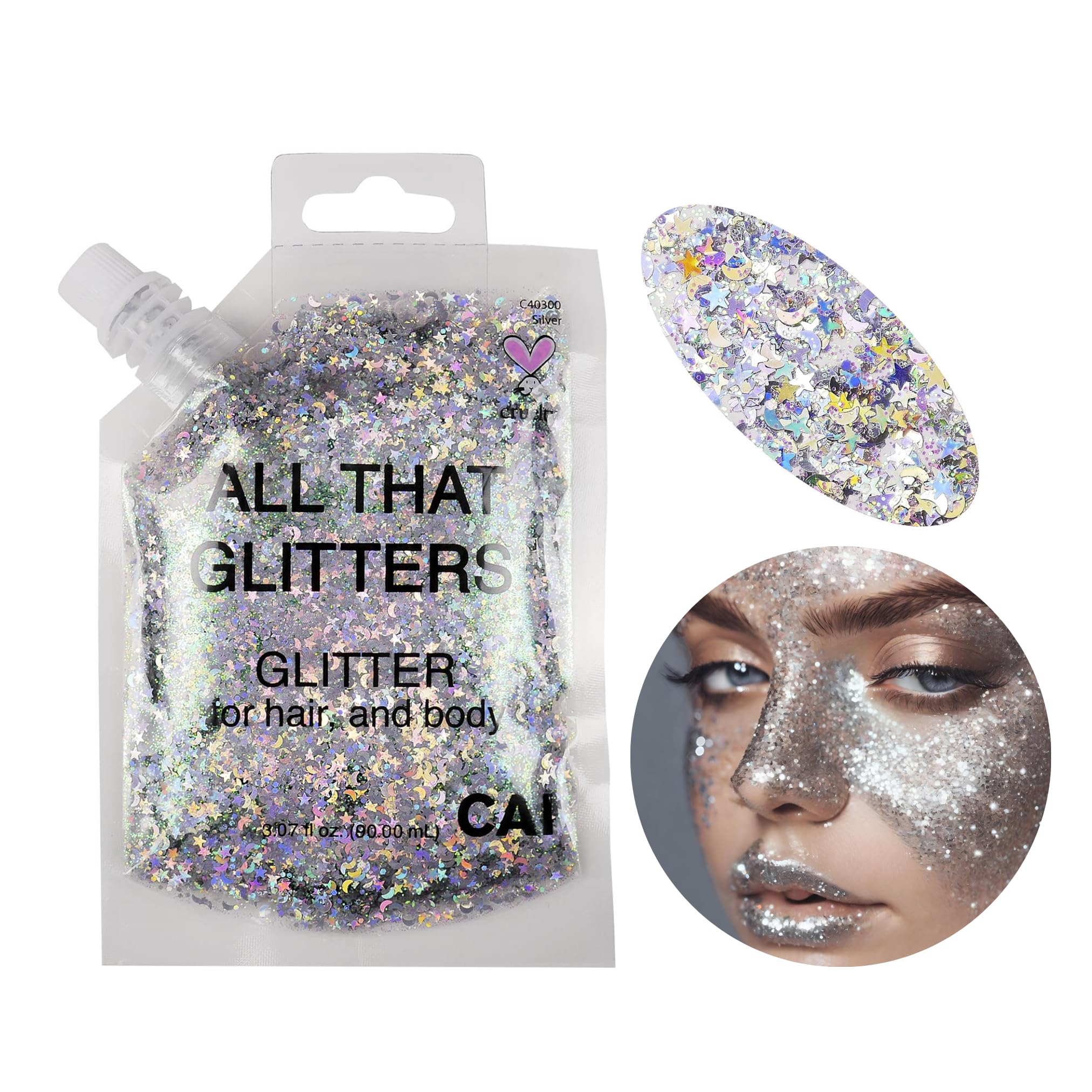 Body Glitter Gel- Face, Body & Hair (1 Pk Silver) Chunky Iridescent Holograph Stars & Moon, 3 oz | Cosmetic-Grade Makeup, Apply Without Glue, Easy to Take Off & Keep Skin Clean - for Concerts, Raves