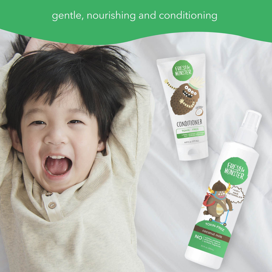 Fresh Monster Kids Hair Detangling Bundle, 8 oz Detangler & 6 oz Conditioner, Strawberry, 1 Count, 6oz. with 8oz Detangler