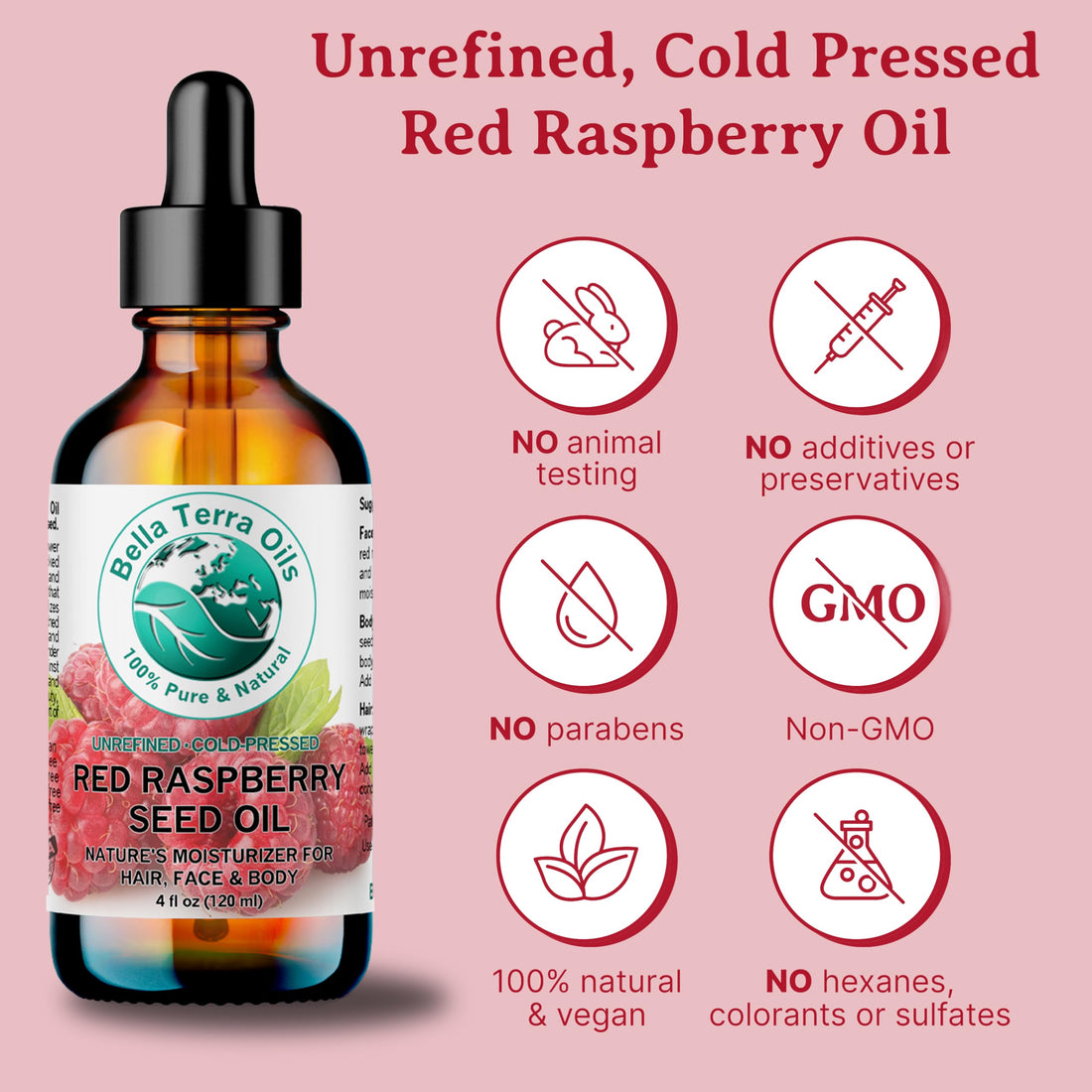 Bella Terra Oils - Red Raspberry Seed Oil 2 oz - Bursting with Omega Fatty Acids & Vitamin E, Luxurious Oil for Daily Skin Nourishment, Cold-Pressed Excellence