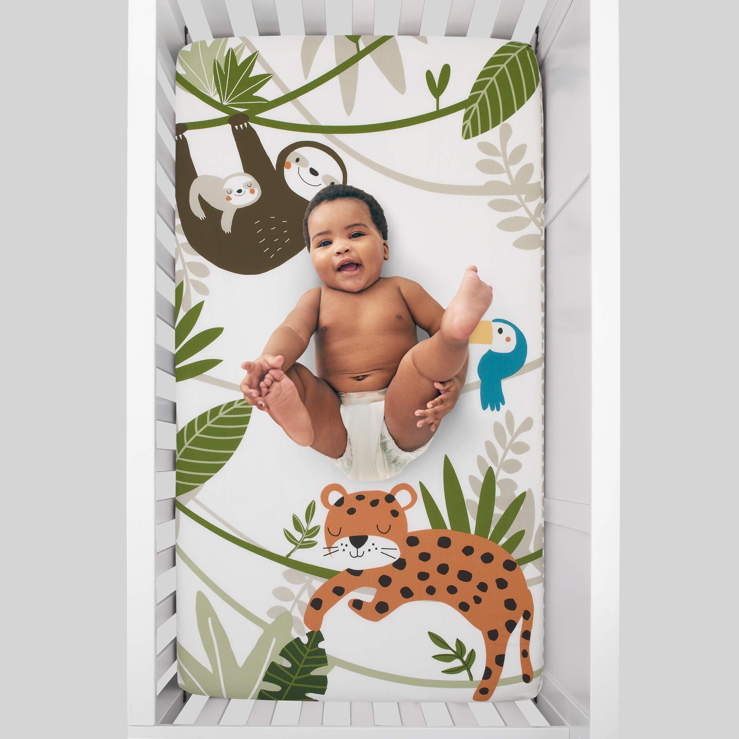 NoJo Jungle Gym Green, Brown, & Grey 100% Cotton Photo Op Nursery Fitted Crib Sheet, Grey, Green, White, Brown