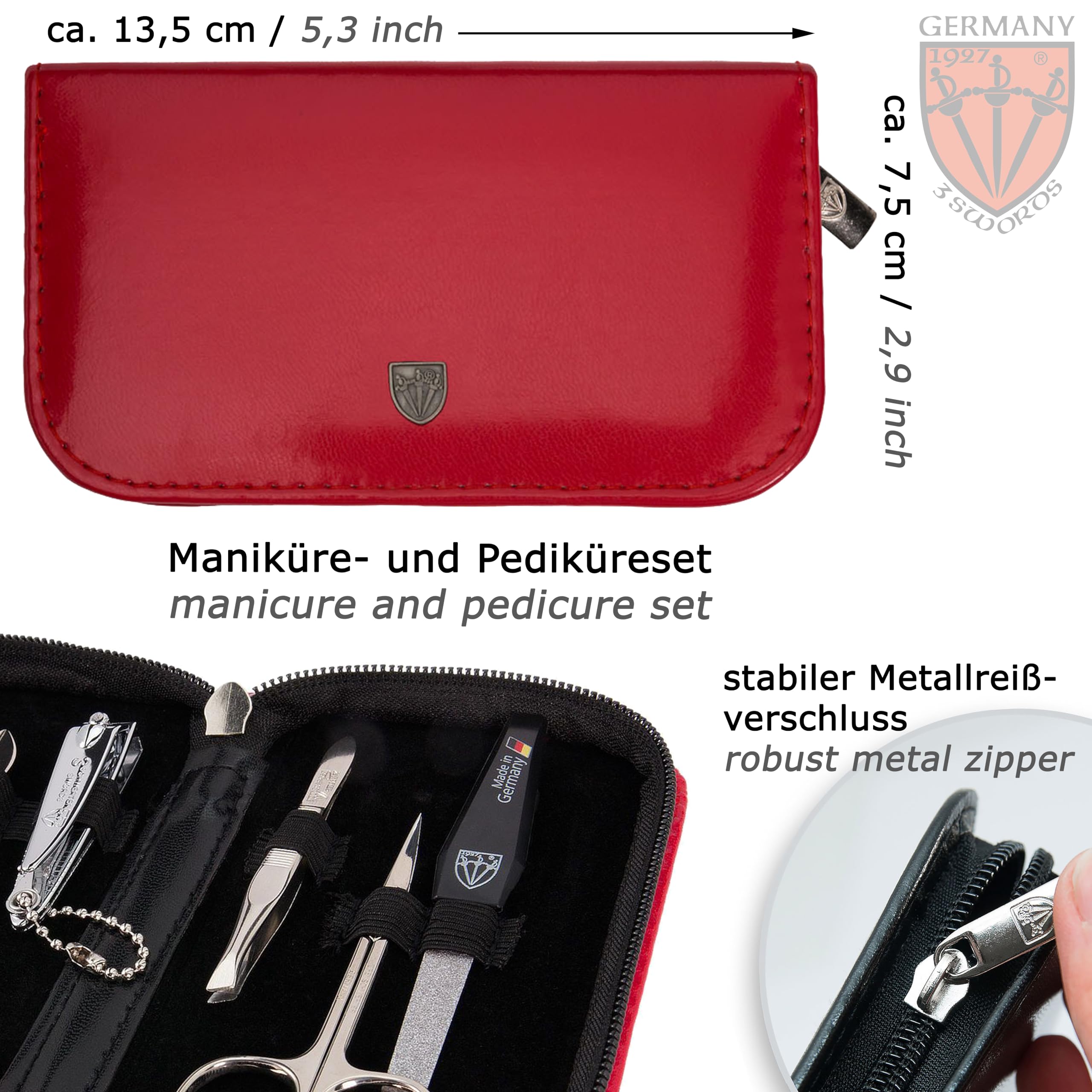 3 Swords Germany - brand quality 6 piece manicure pedicure grooming kit set for professional finger & toe nail care scissors clipper fashion leather case in gift box, Made in Solingen Germany (03706)