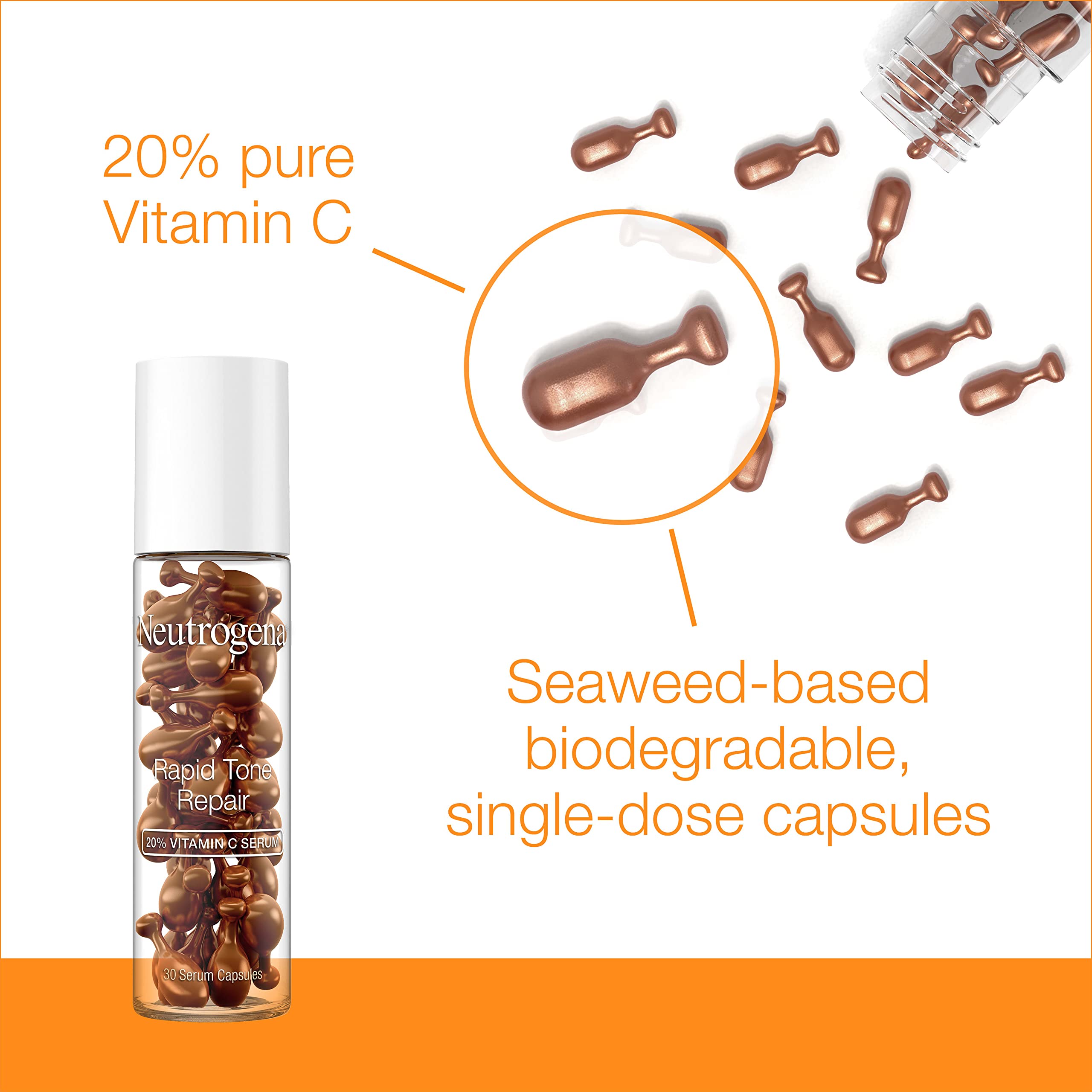 Neutrogena Rapid Tone Repair 20% Vitamin C Brightening Serum Capsules, Antioxidant Face Serum to Brighten Look of Dark Spots & Even Skin Tone, Oil-Free, 30 Serum Capsules