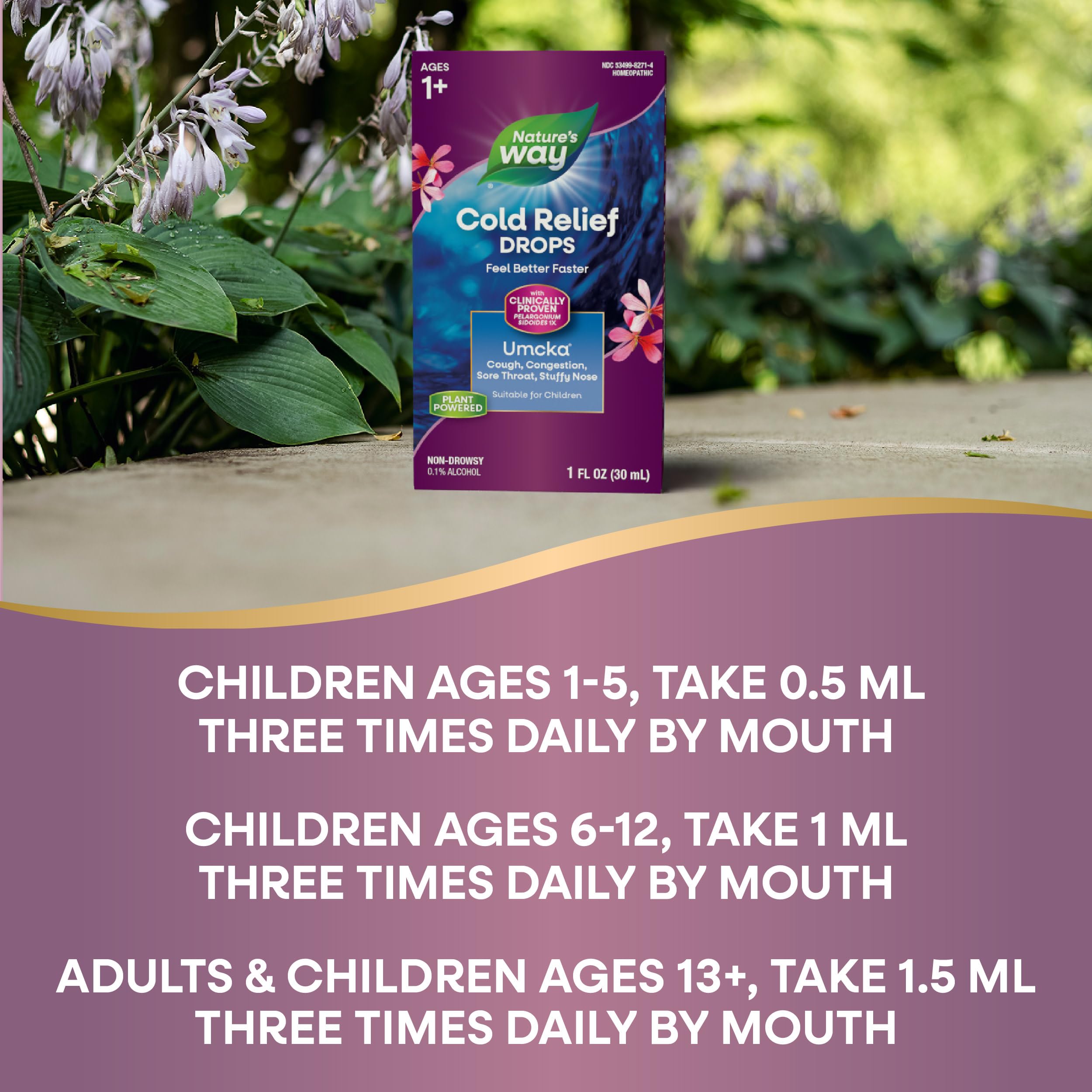 Nature's Way Cold Relief Drops, Umcka, Feel Better Faster, Multi-Symptom Cold Relief, Homeopathic, Shortens Sore Throat, Cough and Congestion, Non-Drowsy, 1 Fl Oz (Packaging May Vary)