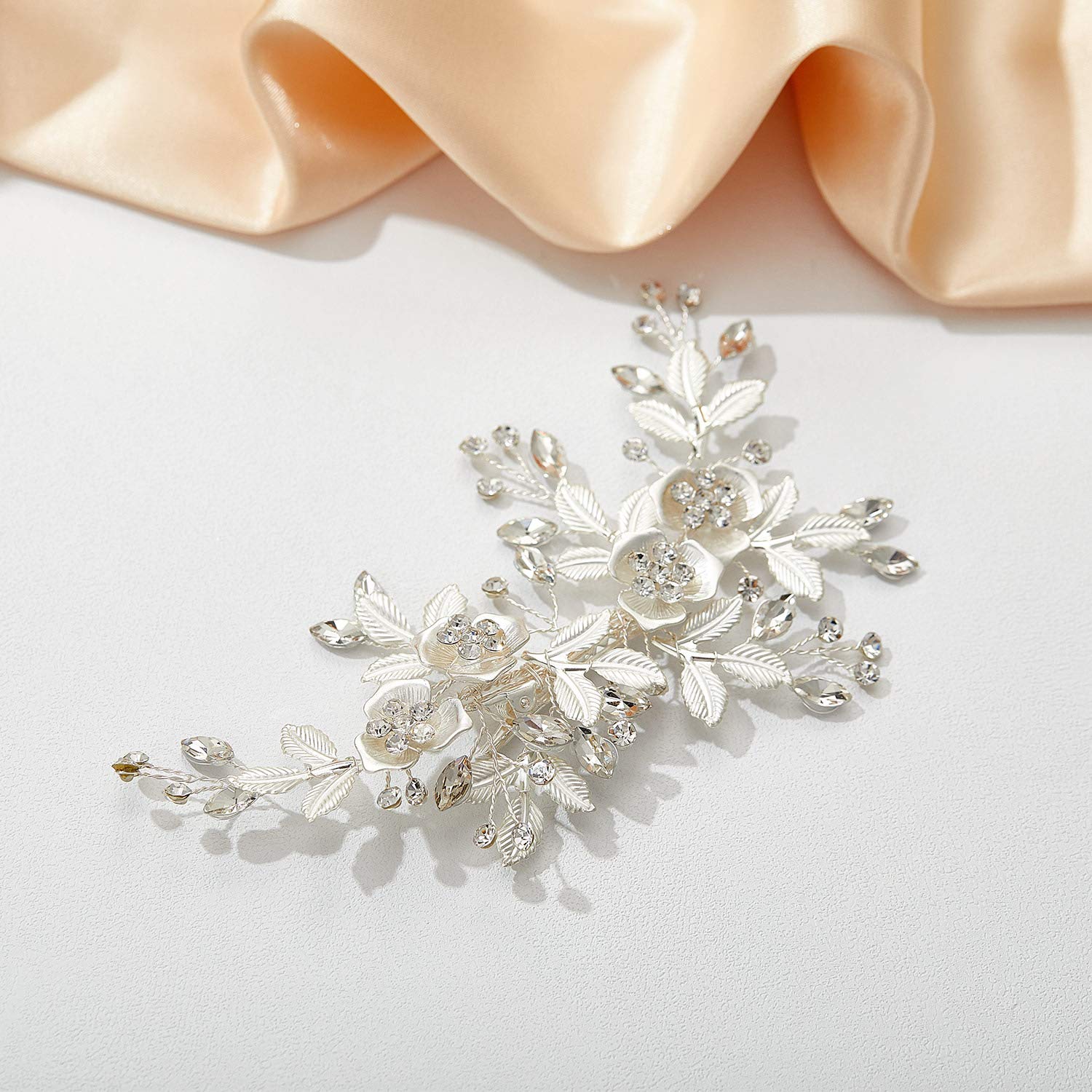 SWEETV Rhinestone Wedding Clip Silver - Bridal Comb Barrette Handmade Flower Clip Head Pieces for Women