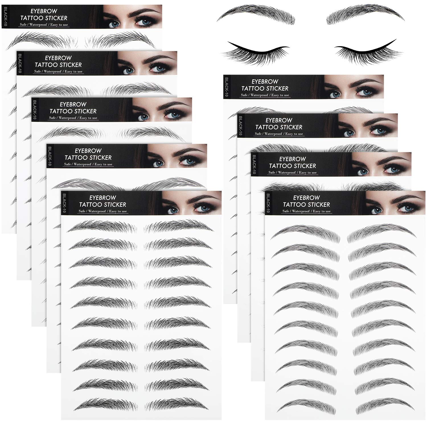 9 Sheets 4D Hair-Like Authentic Eyebrows Waterproof Eyebrow Tattoo Stickers Eyebrow Transfers Stickers Eyebrow Grooming Shaping Sticker for Women Girls Makeup, 9 Styles 90 Pairs (Black)