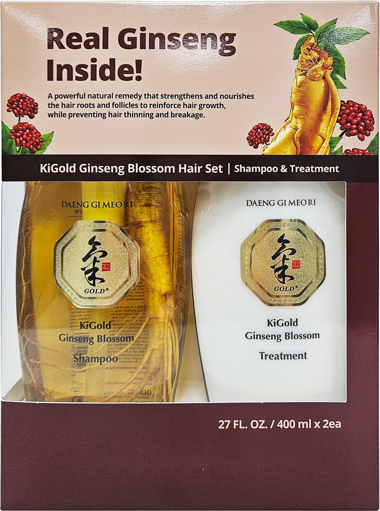Daeng Gi Meo Ri - Ki Gold Ginseng Blossom Hair Set, Shampoo 13.5FL OZ/400ml and Treatment 13.5FL OZ/400ml