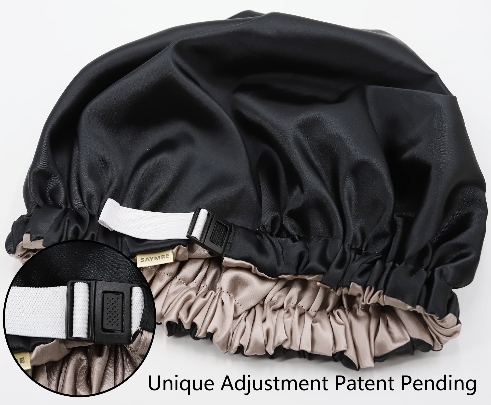 SAYMRE 100% Mulberry Silk Lined Bonnet Adjustable Satin Sleep Cap 19 Momme Silk Bonnet for Women Curly,Long Hair Care Black