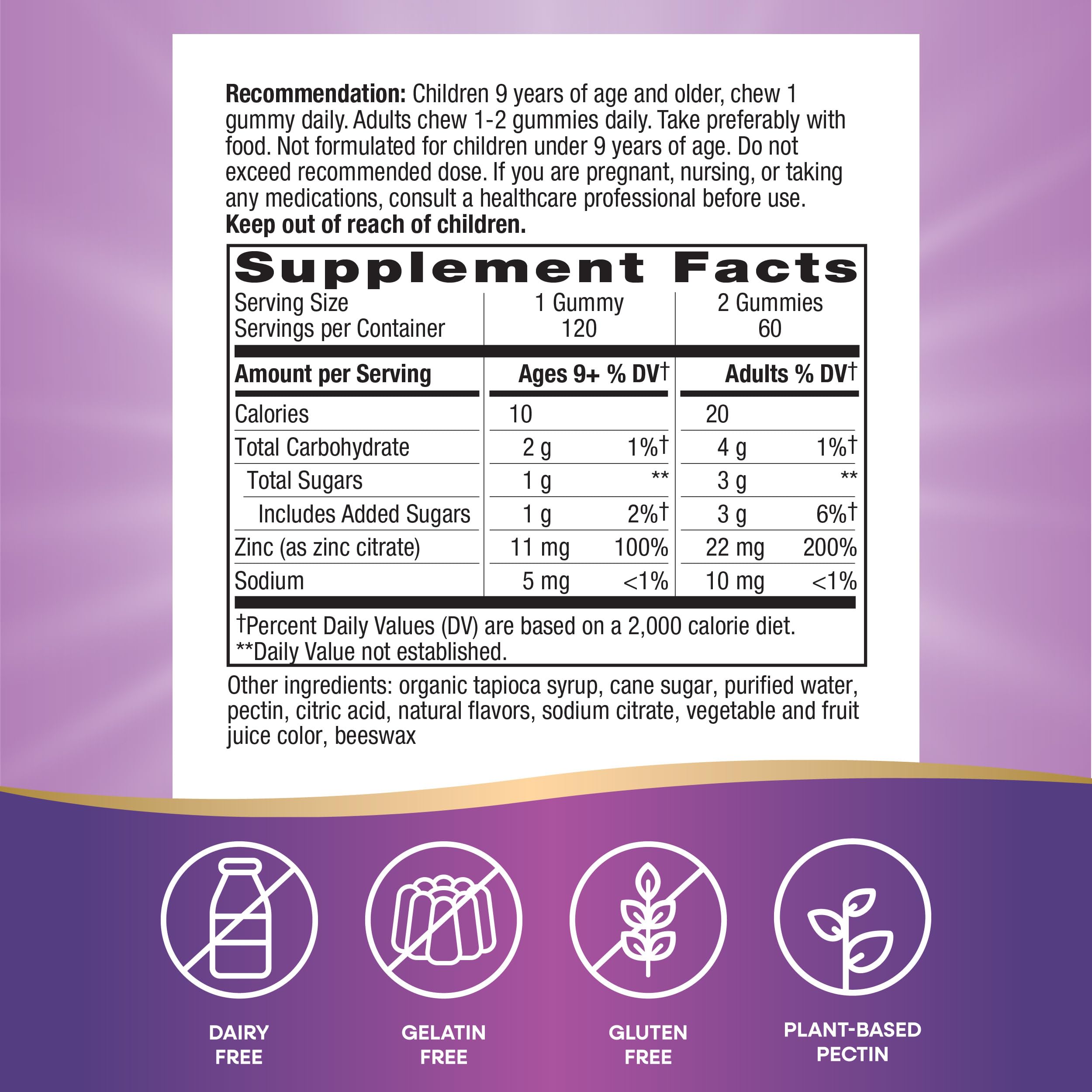 Nature's Way Zinc Gummies, Adult & Kids 9+ Immune Support Gummies*, 100% Daily Value per Serving, Mixed Berry Flavor, 120 Chews (Set of 2)