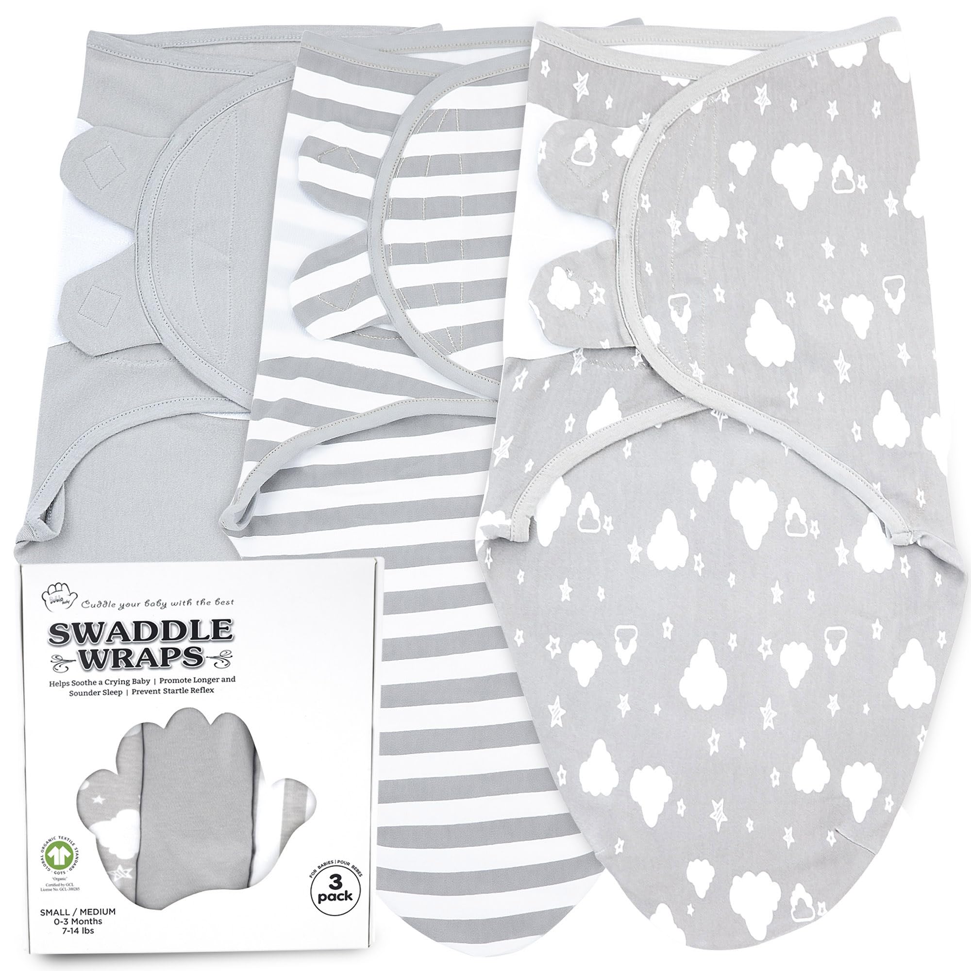 Bublo Baby Swaddles for Newborns - 3 Pack Organic Baby Swaddles for 0-3 Months - Baby Swaddle Sleep Sack - Infant Sleeping Swaddle Sack - Adjustable Swaddle Blanket Wrap Boy Girl (White Grey)