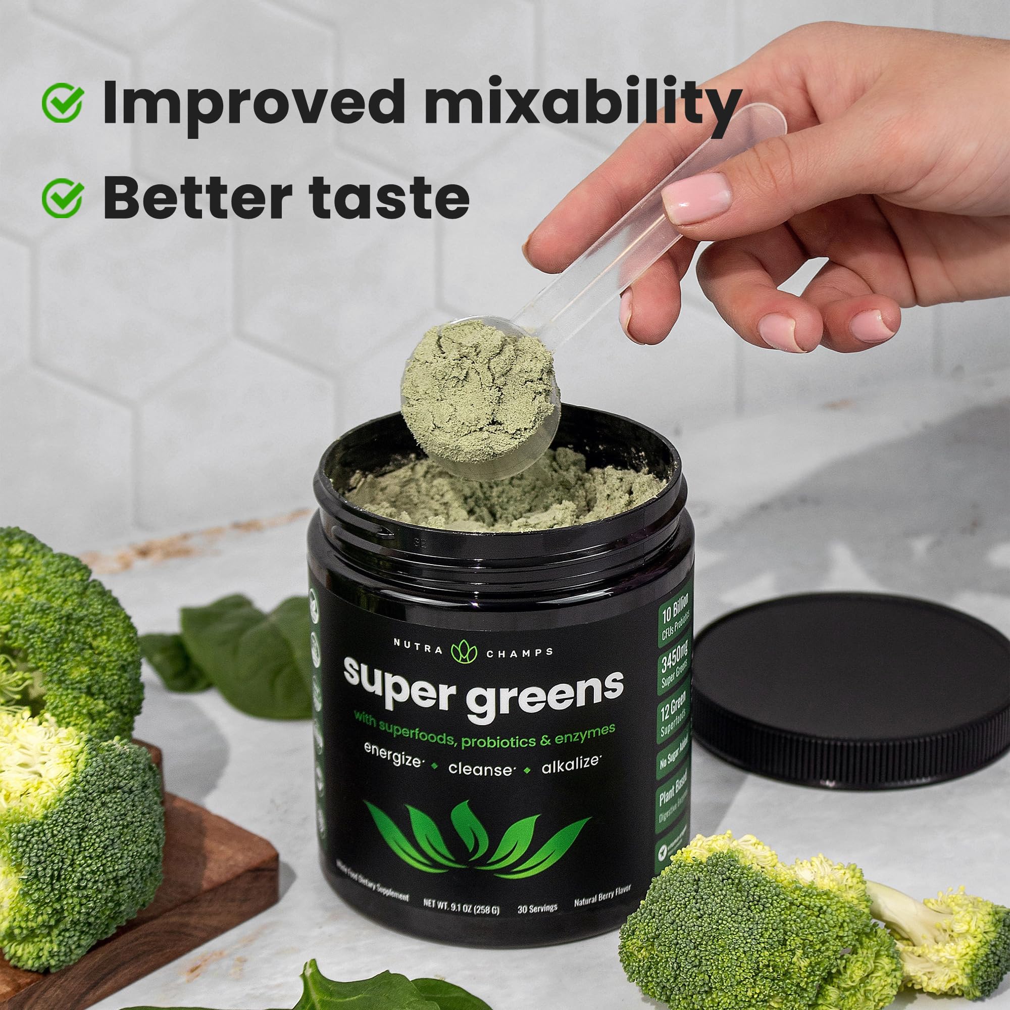 NutraChamps Super Greens Powder Premium Superfood | 20+ Organic Green Veggie Whole Foods | Wheat Grass, Spirulina, Chlorella | Antioxidant, Digestive Enzyme & Probiotic Blends (9.0 Oz, Berry)