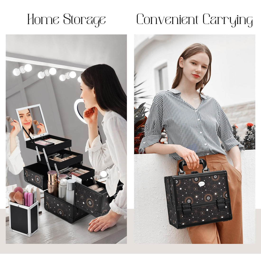 Joligrace Makeup Train Case Cosmetic Organizer Box Lockable with 3 Trays and a Brush Holder Pattern Collection - Star Chart