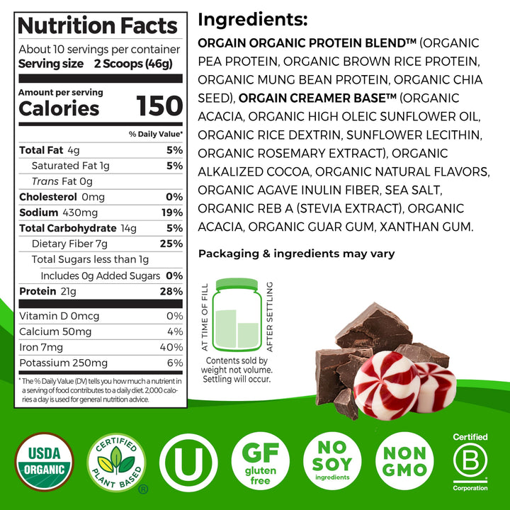 Orgain Organic Vegan Protein Powder, Peppermint Hot Cocoa Holiday Flavor - 21g of Plant Protein, 5g Prebiotic Fiber, No Lactose Ingredients, No Added Sugar, Non-GMO, For Shakes & Smoothies, 1.02 lb