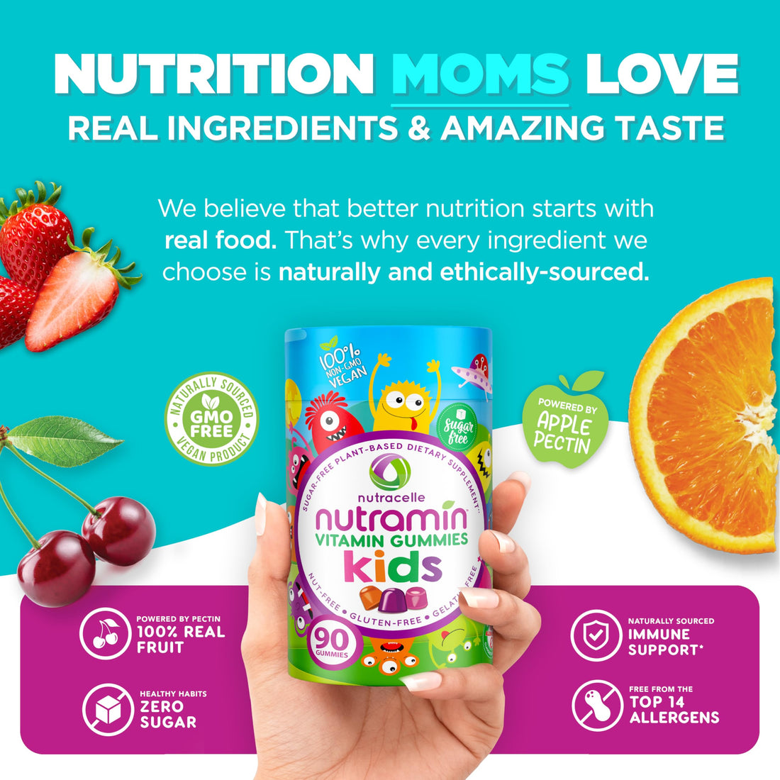 Nutracelle NUTRAMIN Sugar-Free, Allergen-Free 100% Vegan Gummy Multivitamins for Kids - Great Tasting Natural Gummies Your Kids Will Love - 90 Count Bottle