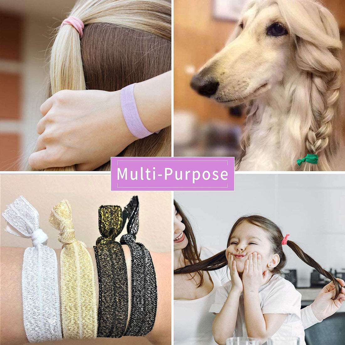 Elastic Hair Ties, No Crease Ouchless Ribbon Ponytail Holders, Bows Rubber Yoga Twist Hair Bands Accessories, Hand Knotted Fold Over Printed Patterns and Solid Colors (100 pack)