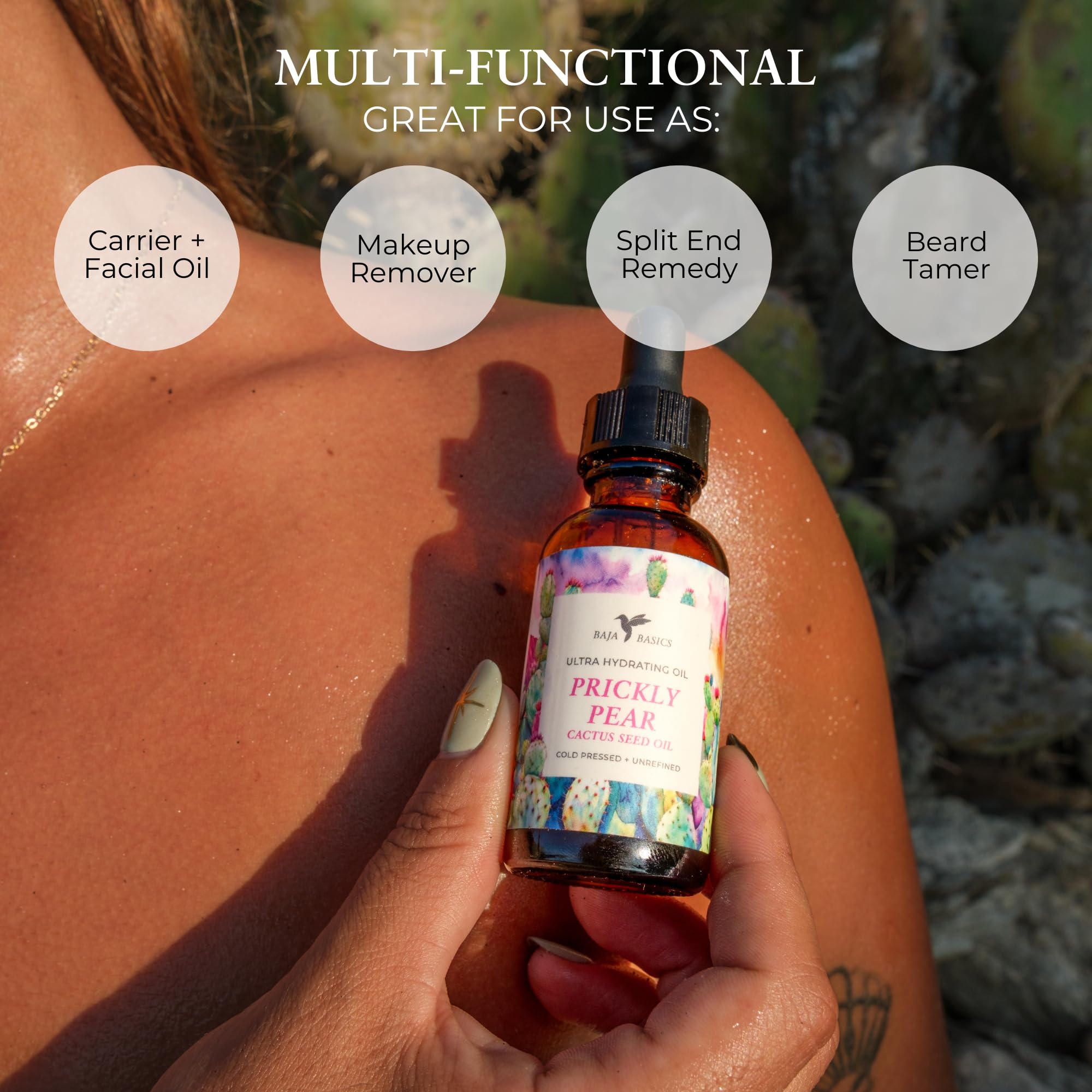Baja Basics Prickly Pear Oil Cold Pressed, 100% Pure, Unrefined Moisturizer for Skin, Face, Body, Nails and Hair - Multi-Purpose Beauty Product For Men and Women - 1 oz Bottle