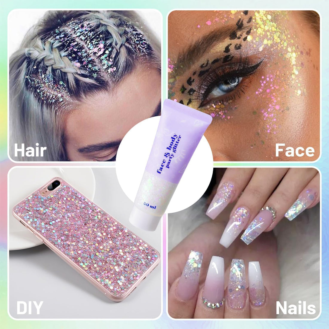 DAGEDA Iridescent Body Glitter Gel, Holographic Face Glitter Body Gel Rave Party Accessories, Chunky Glitters for Face Hair Nails, Cosmetic Laser Powder Festival Sequins Paint Makeup