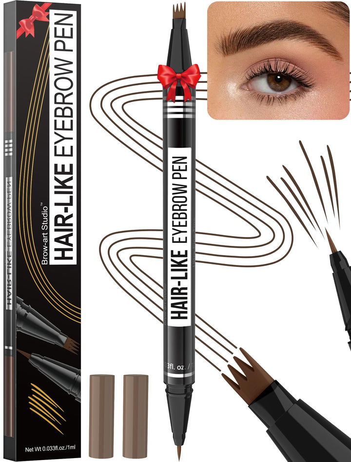 Microblading Eyebrow Pen - Eyebrow Pencil Magical 2-in-1 Dual-Ended Waterproof Eye Brow Pencils for Women with 4-Fork-Tip & Precise Brush-Tip for Natural Hair Like Strokes, Last All-Day, Dark Brown