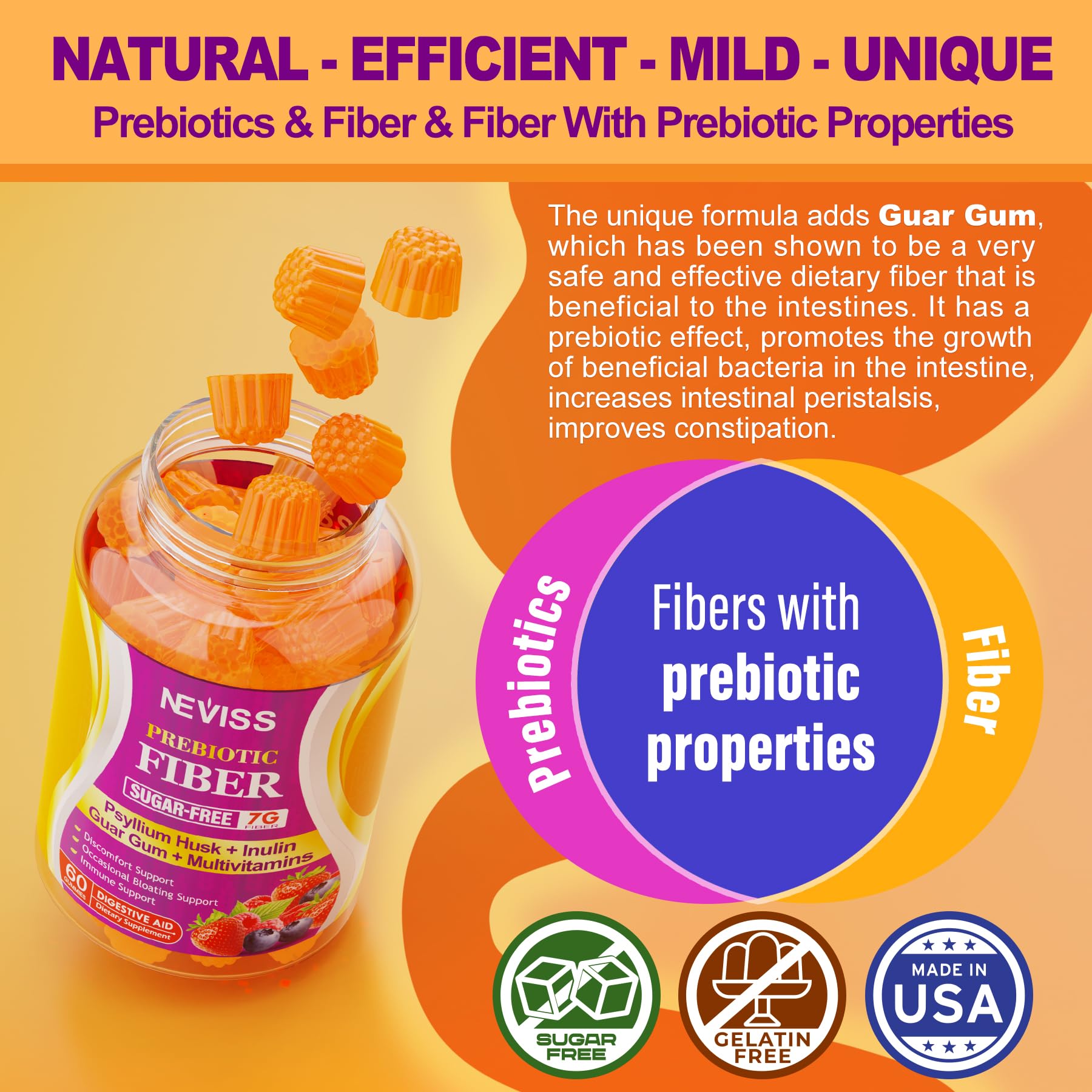 1Pack Prebiotic Fiber Gummies for Adults 7G with Psyllium Husk Fiber , Soluble Fiber + Insoluble Fiber, Inulin, Fos, Multivitamin, Fiber Supplement for Daily Digestive Health,Regularity Gut,Sugar Free