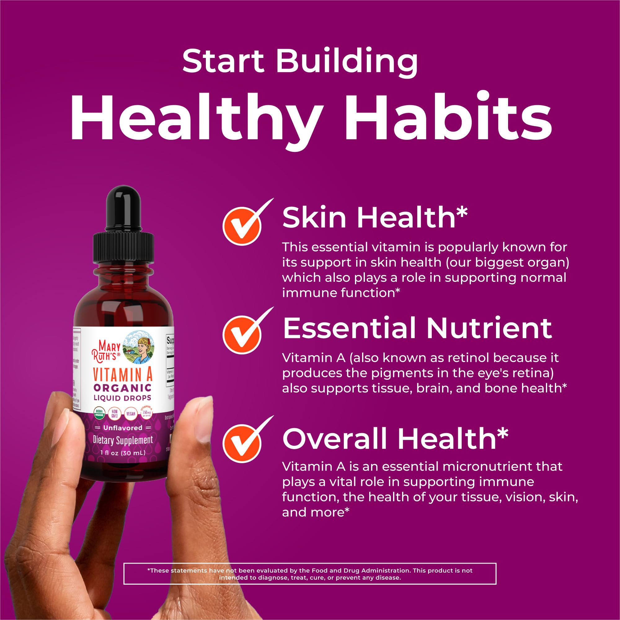 MaryRuth Organics USDA Organic Vitamin A Liquid Drops | 3 Month Supply | Immune Support, Eye Health, Skin Health for Ages 14+ | 750mcg per Serving | Sugar Free | Vegan | Non-GMO | Gluten Free | 1oz