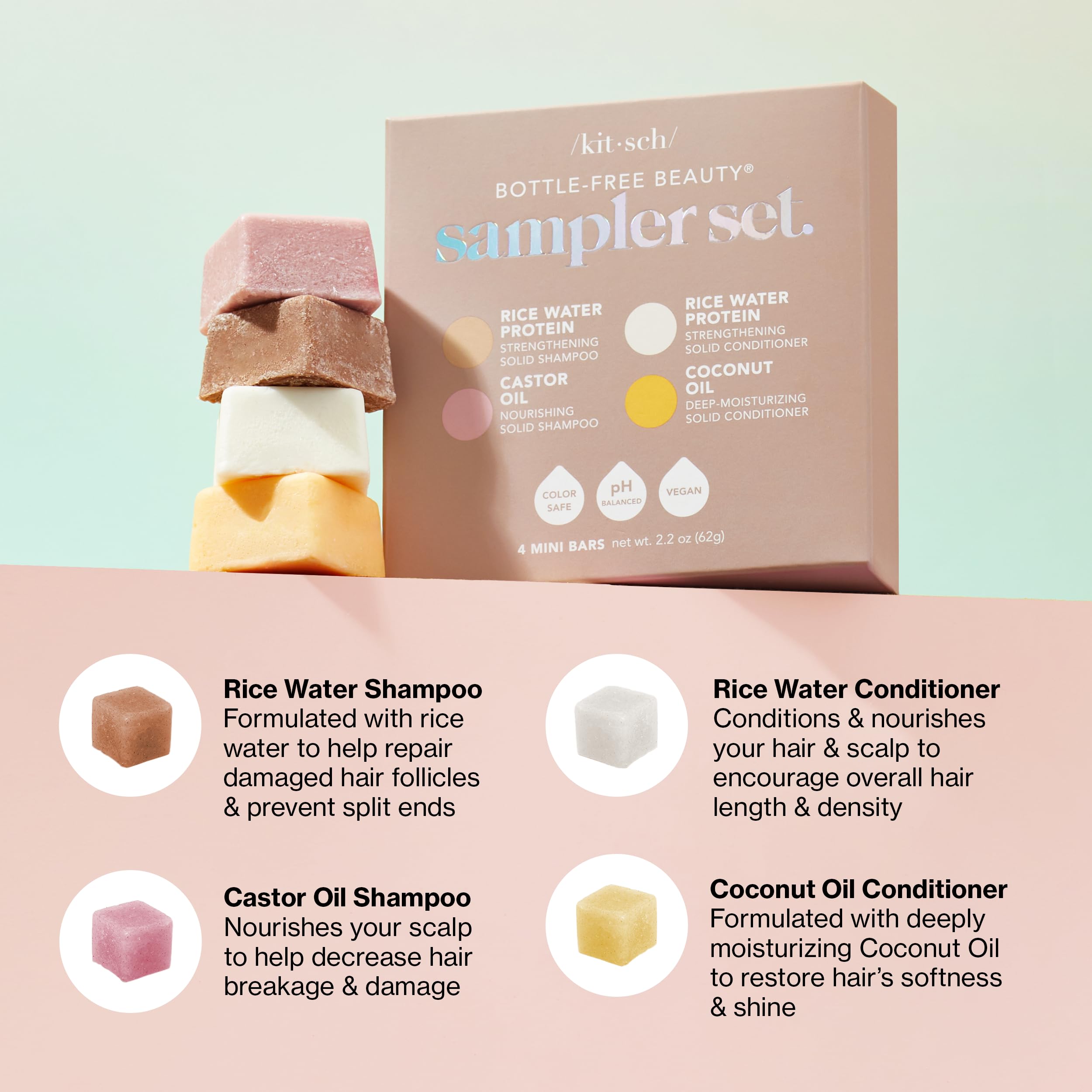 Kitsch 4pc Sampler Solid Shampoo and Conditioner Set - Rice Bar & Castor Oil Shampoo and Rice Bar & Coconut Oil Deep-Moisturizing Hair Conditioner, Zero Waste