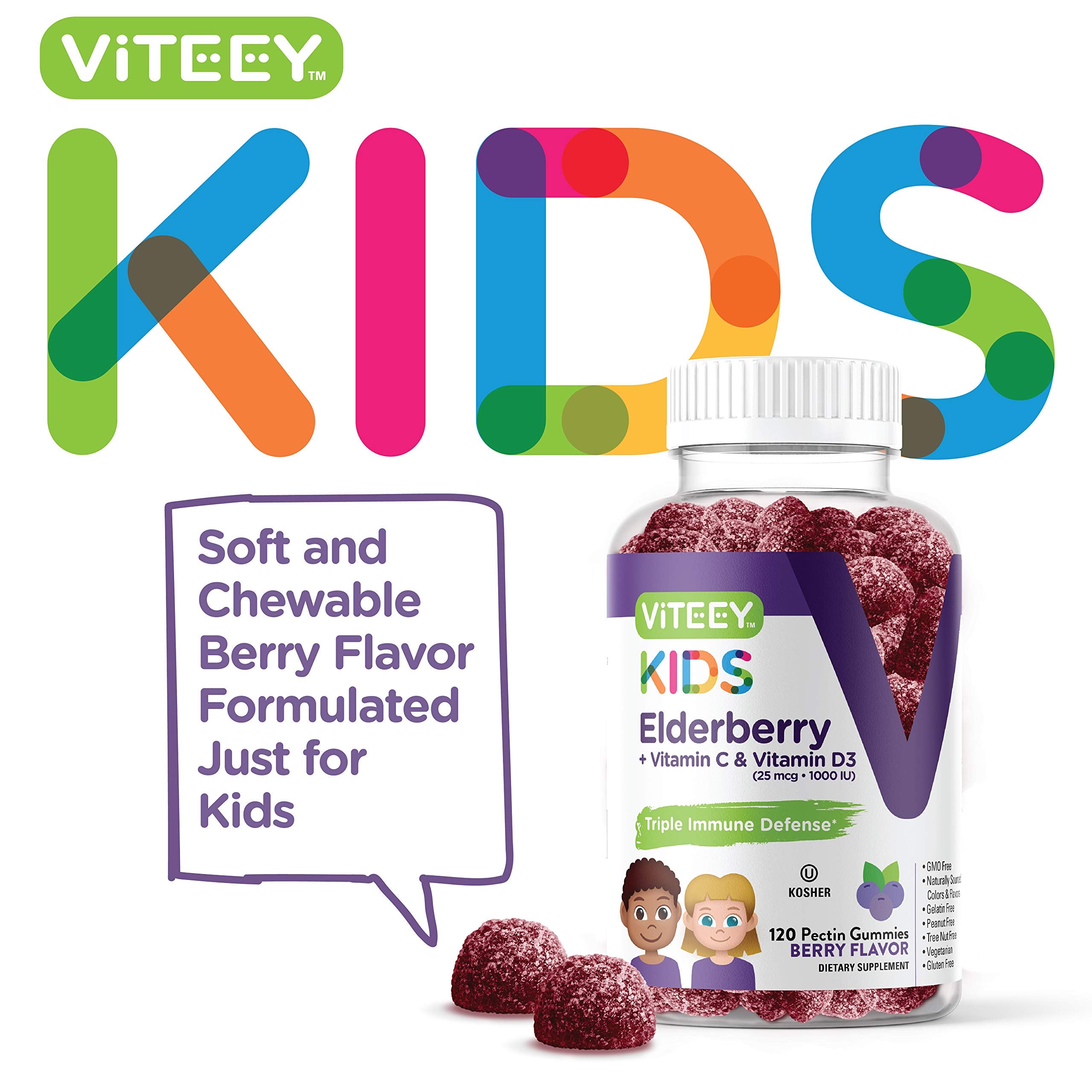 Sambucus Elderberry Gummies for Kids Immune Support Supplements with Vitamin D3 & Vitamin C - 3-1 Immune Booster - Vegetarian, Gelatin Free, Gluten Free, GMO Free - Tasty Chewable Berry Flavored Gummy