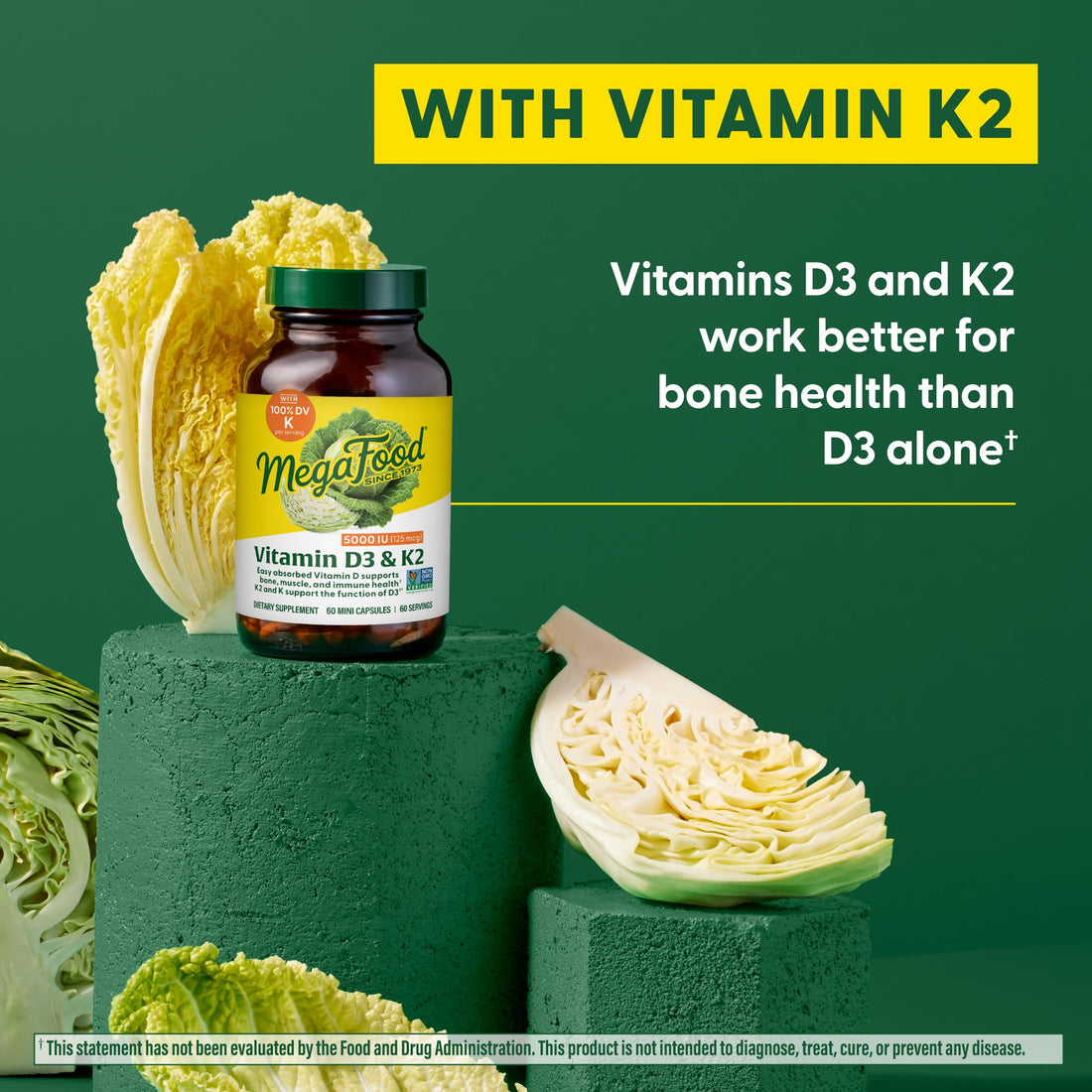 MegaFood Vitamin D3 5000 IU (125 mcg) - VegetarianVitamin D Supplements with Vitamin D3 K2, Supports Bones, Teeth, Muscles & Immune Health, Certified Non-GMO - 120 Mini Capsules, 120 Servings