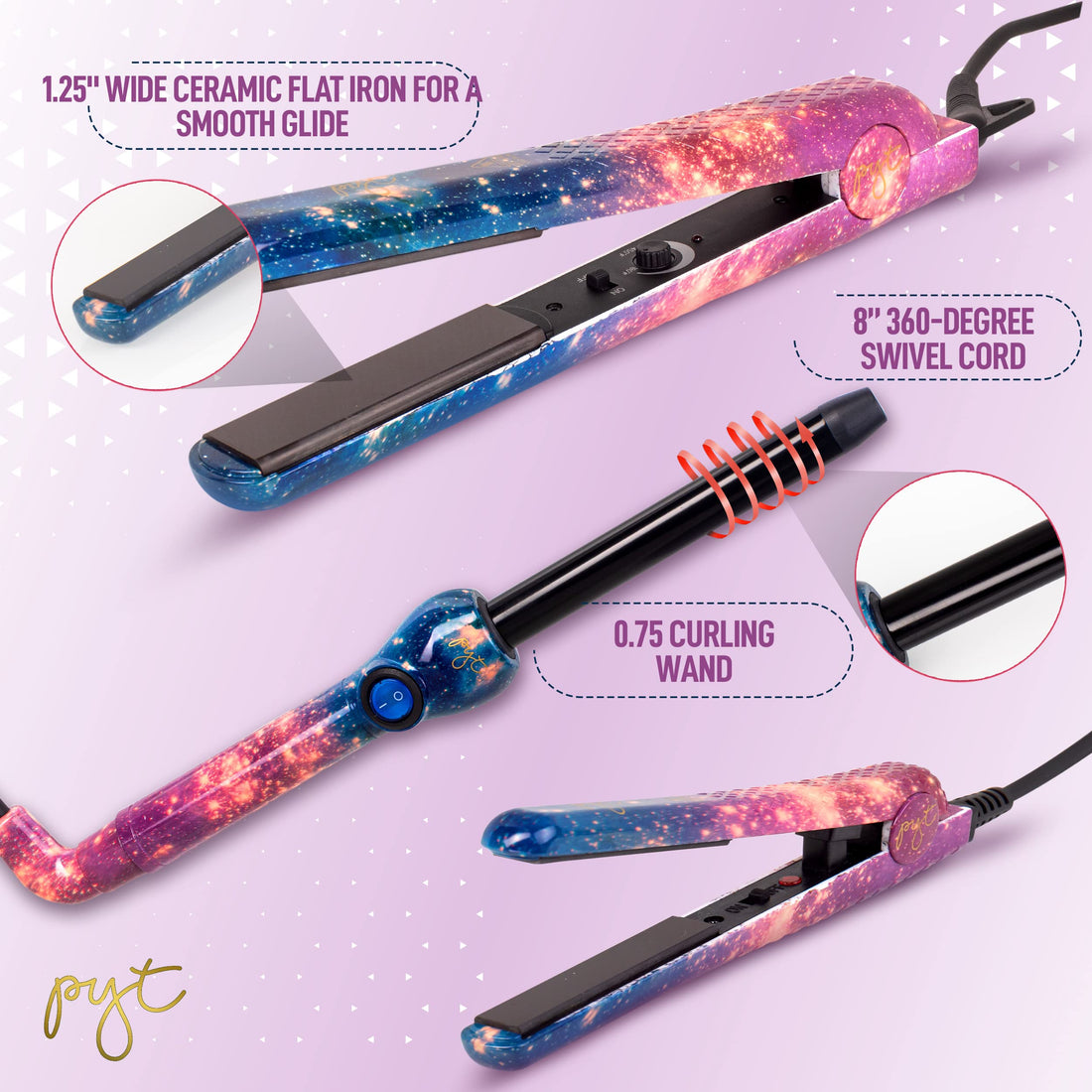 PYT Lola Styling Tools Set - Galaxy Design (Includes 1.25 Ceramic Straightener, Mini Flat Iron & Curling Wand)