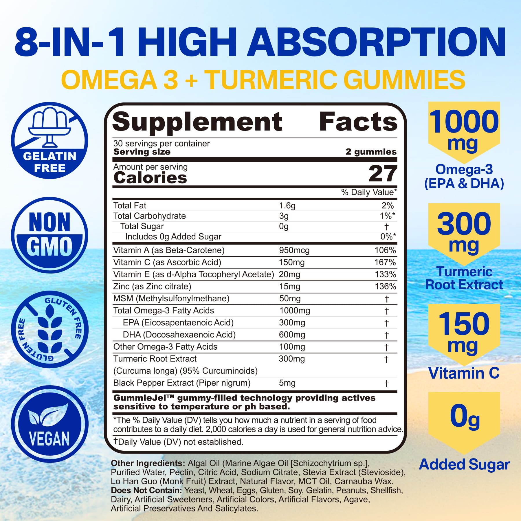 Vegan Omega-3 Gummies 1000mg + Turmeric - Omega 3 Fish Oil Alternative for Adults - Algae Omega DHA 600mg & EPA 300mg, Vitamins A, C, E, Zinc & MSM, Sugar Free, 60 Cts