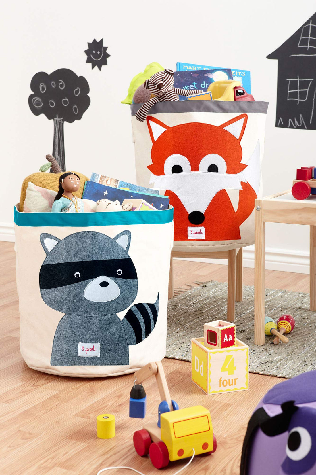 3 Sprouts Large Toy Storage Basket - Durable Kids & Baby Toy Bin with Handles for Toy Basket Storage, Round Hamper for Laundry in Nursery & Playroom, Raccoon
