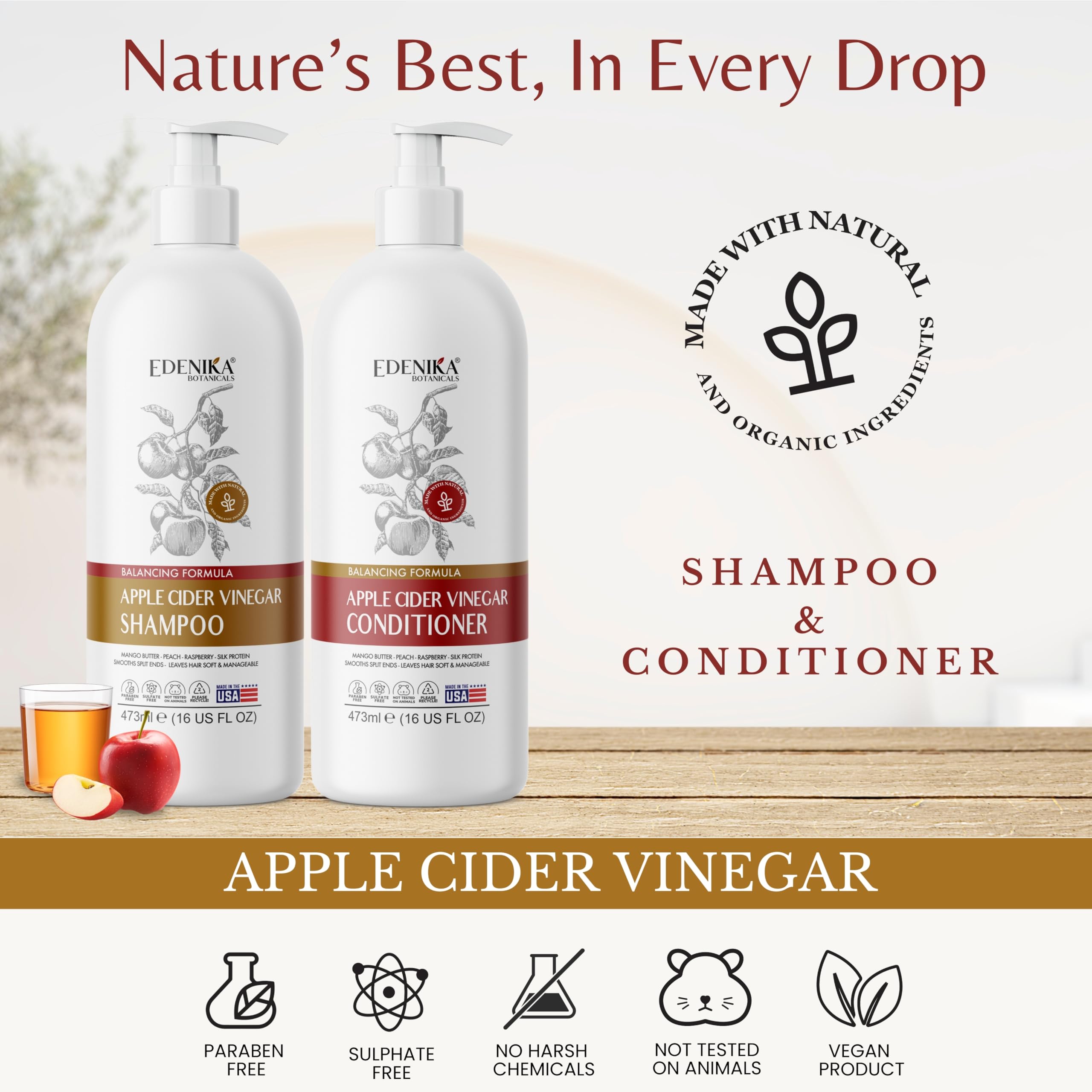 Apple Cider Vinegar Shampoo and Conditioner, Daily Clarifying & Detox, pH Balance, Itchy Scalp Relief, Cleanses Dandruff & Buildup, Adds Shine & Volume, for Oily Hair – 16 fl oz Each