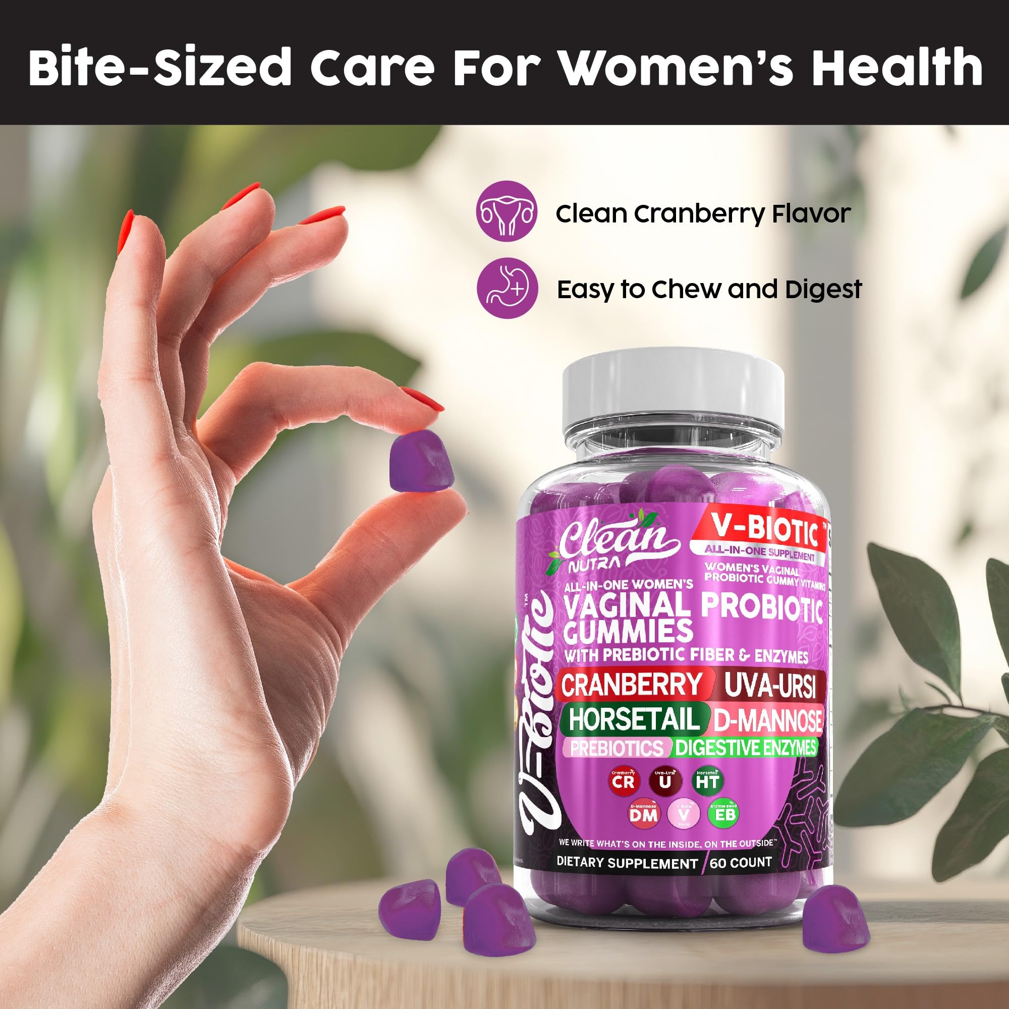 Clean Nutraceuticals Vaginal Probiotics for Women Gummies with Cranberry, Uva Ursi, Horsetail, D-Mannose, Prebiotics & Digestive Enzymes, Vaginal Health Supplement for pH Balance Flora Odor VBiotic