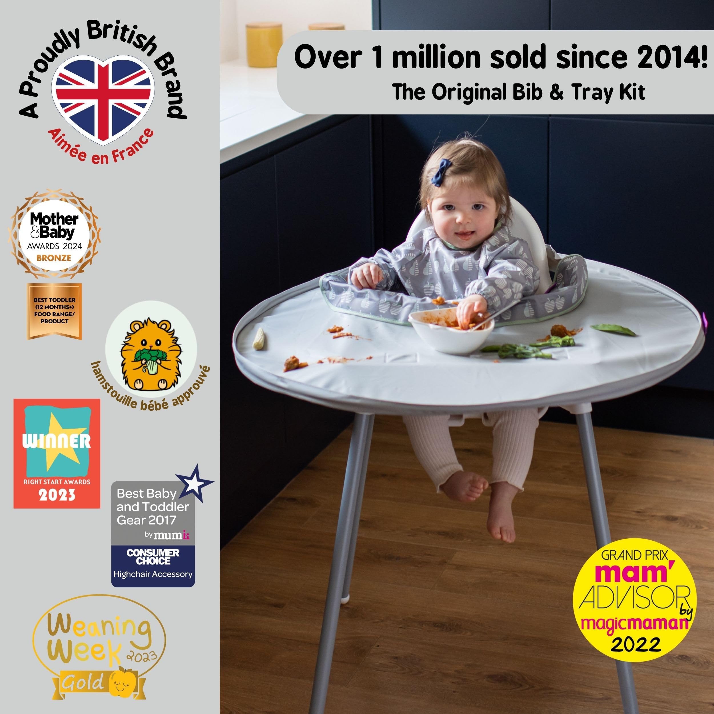 Tidy Tot- Baby Bib & Tray Kit - Mess Proof Long Sleeve Smock Attaches to Feeding Mat - Waterproof Bib – Machine Washable. Fits Babies and Toddlers 6-24 months - Grey