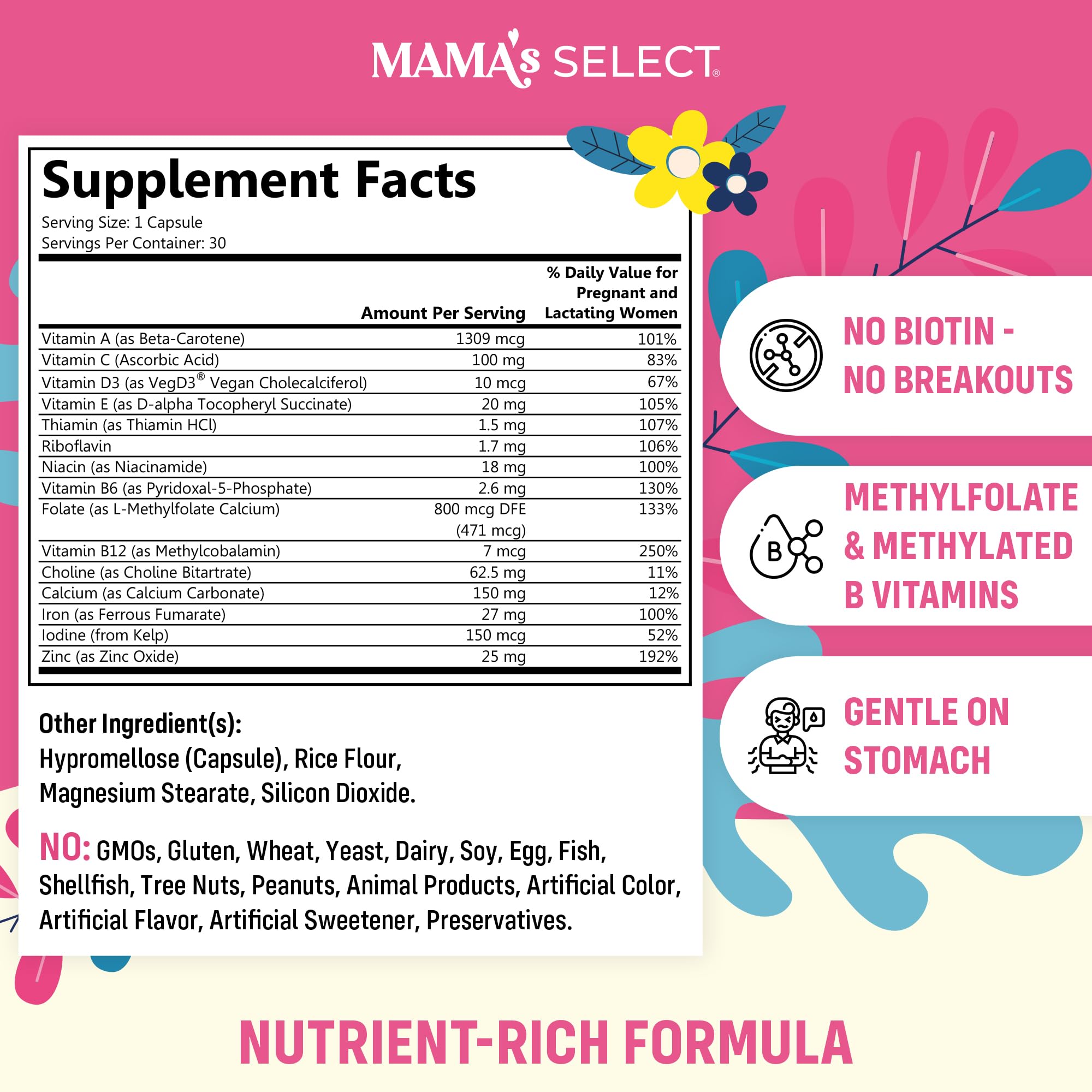 Mama's Select Prenatal Vitamins for Women – Allergen-Free, MTHFR Friendly, Methylated Folate & B Vitamins, Easy-to-Digest, Supports Fetal Development, Once Daily, Vegan, No Biotin