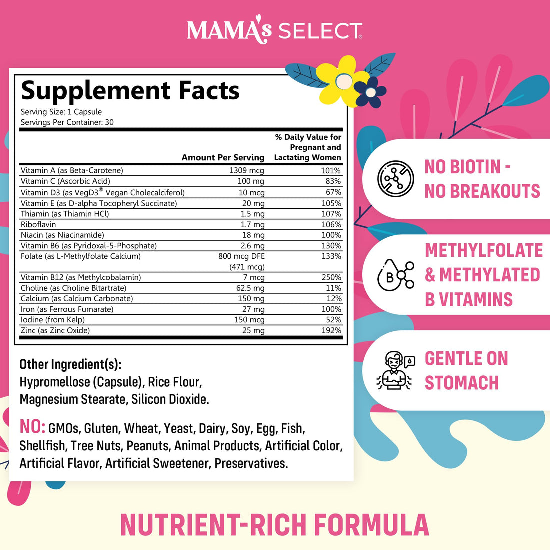 Mama's Select Prenatal Vitamins for Women – Allergen-Free, MTHFR Friendly, Methylated Folate & B Vitamins, Easy-to-Digest, Supports Fetal Development, Once Daily, Vegan, No Biotin