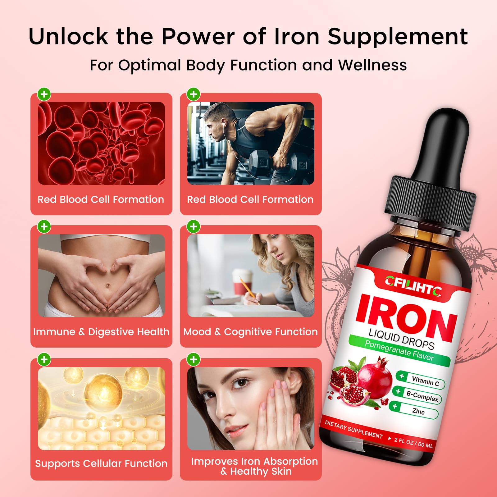 Liquid Iron Supplement for Women Men & Kids Multivitamin Iron Drops with Folate, Vitamin C, B6, B12, Zinc for Anemia, Iron Deficiency, Blood Builder, Energy - Natural Pomegranate Flavor, Vegan 2 Fl Oz