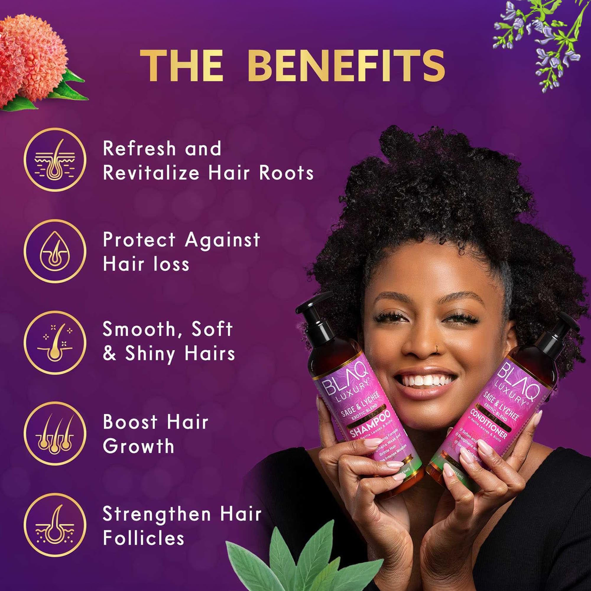 Blaq Luxury - Repair and Strengthen Biotin Shampoo & Conditioner for Women with Sage, Lychee, & Nettle | Repairs Damaged and Thinning Hair | Reduces Breakage | Visibly Stronger Hair | 12oz