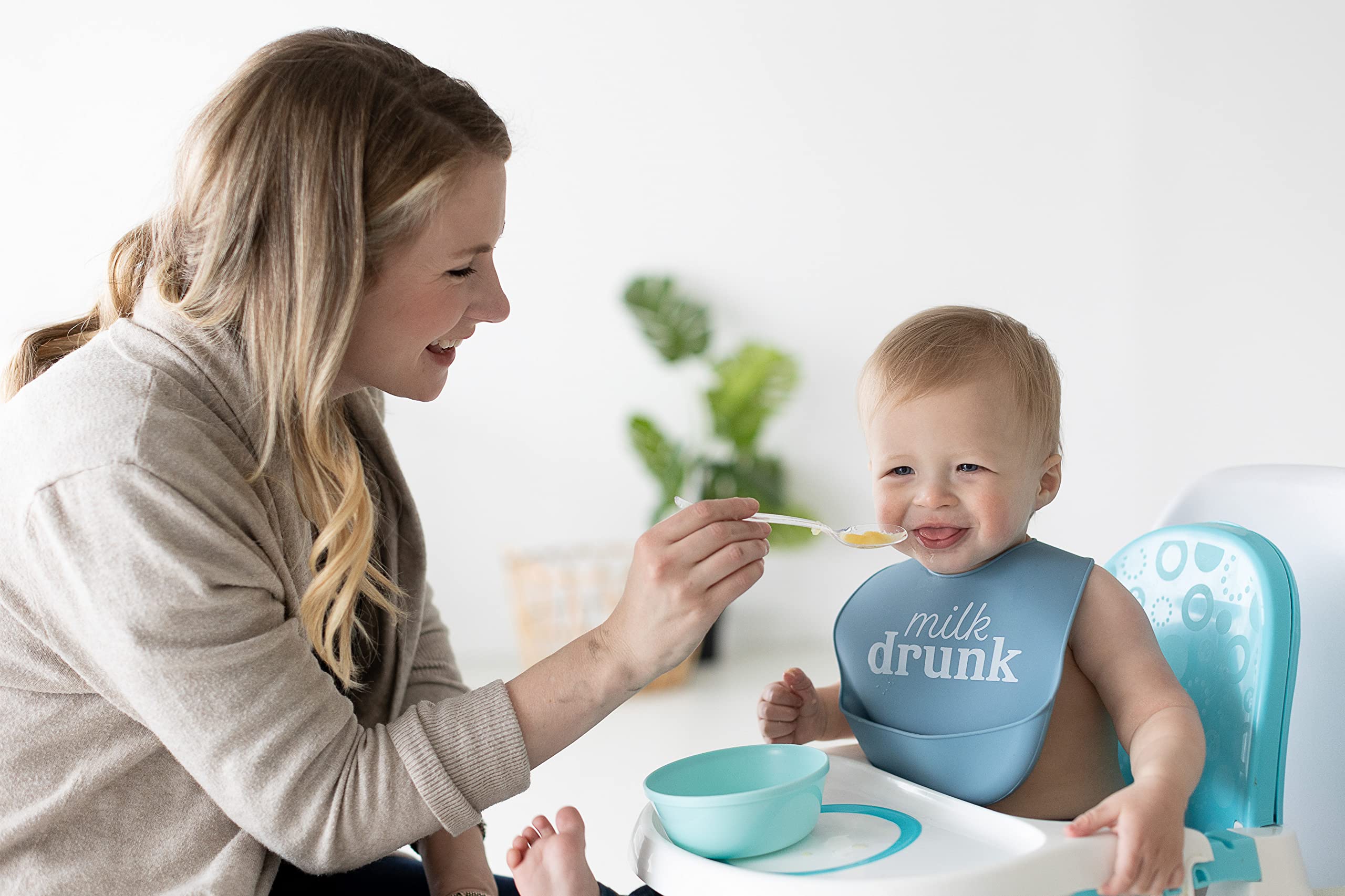 Pearhead Silicone Bibs Set of 2, One Milk Drunk Baby Bib, One Light Blue Milk and Cookies Bib, Gender-Neutral Baby Feeding Accessory for New Parents and Expecting Parents, 2 Bibs