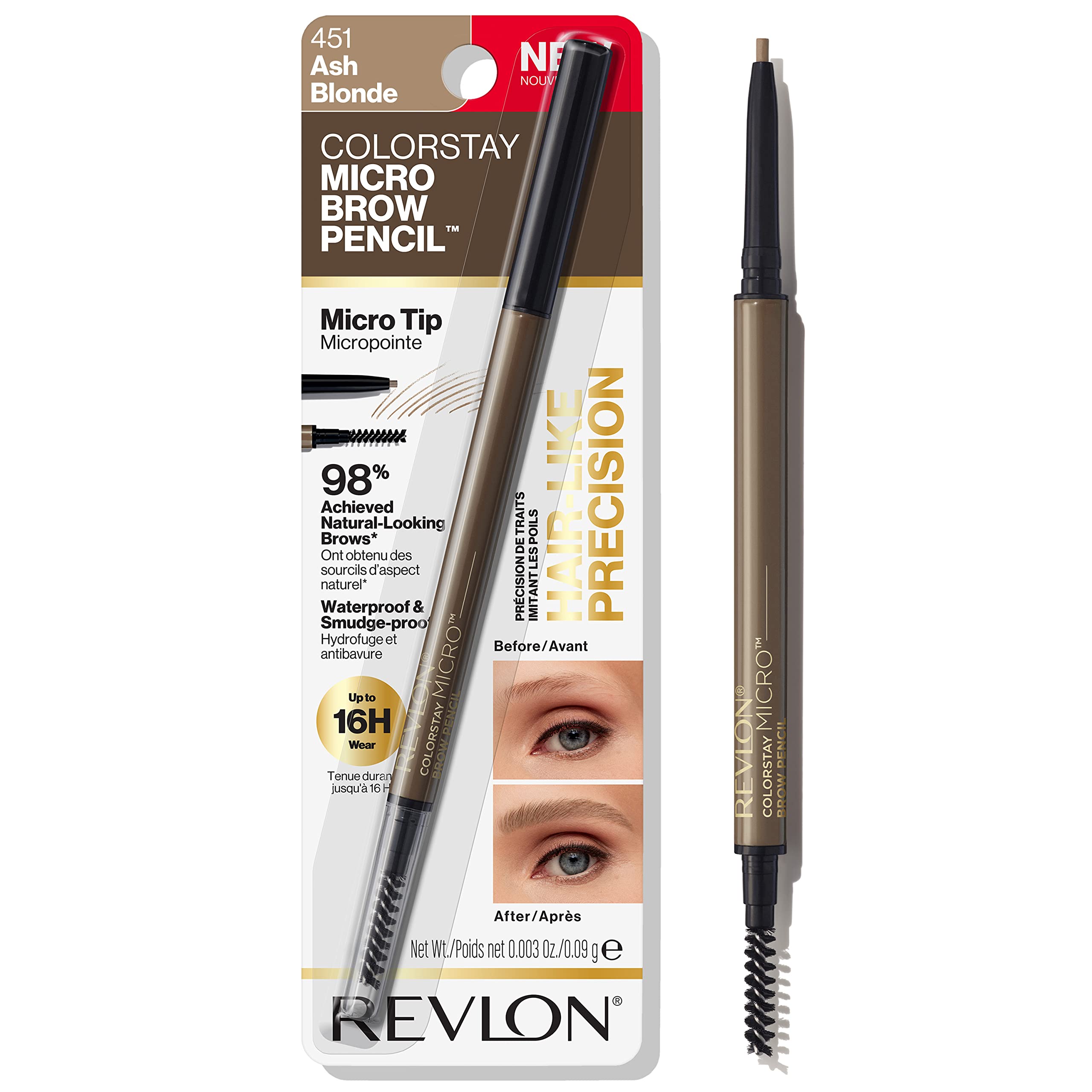 Revlon ColorStay Micro Eyebrow Pencil with Built In Spoolie Brush, Infused with Argan and Marula Oil, Waterproof, Smudgeproof, 451 Ash Blonde, 0.003 oz