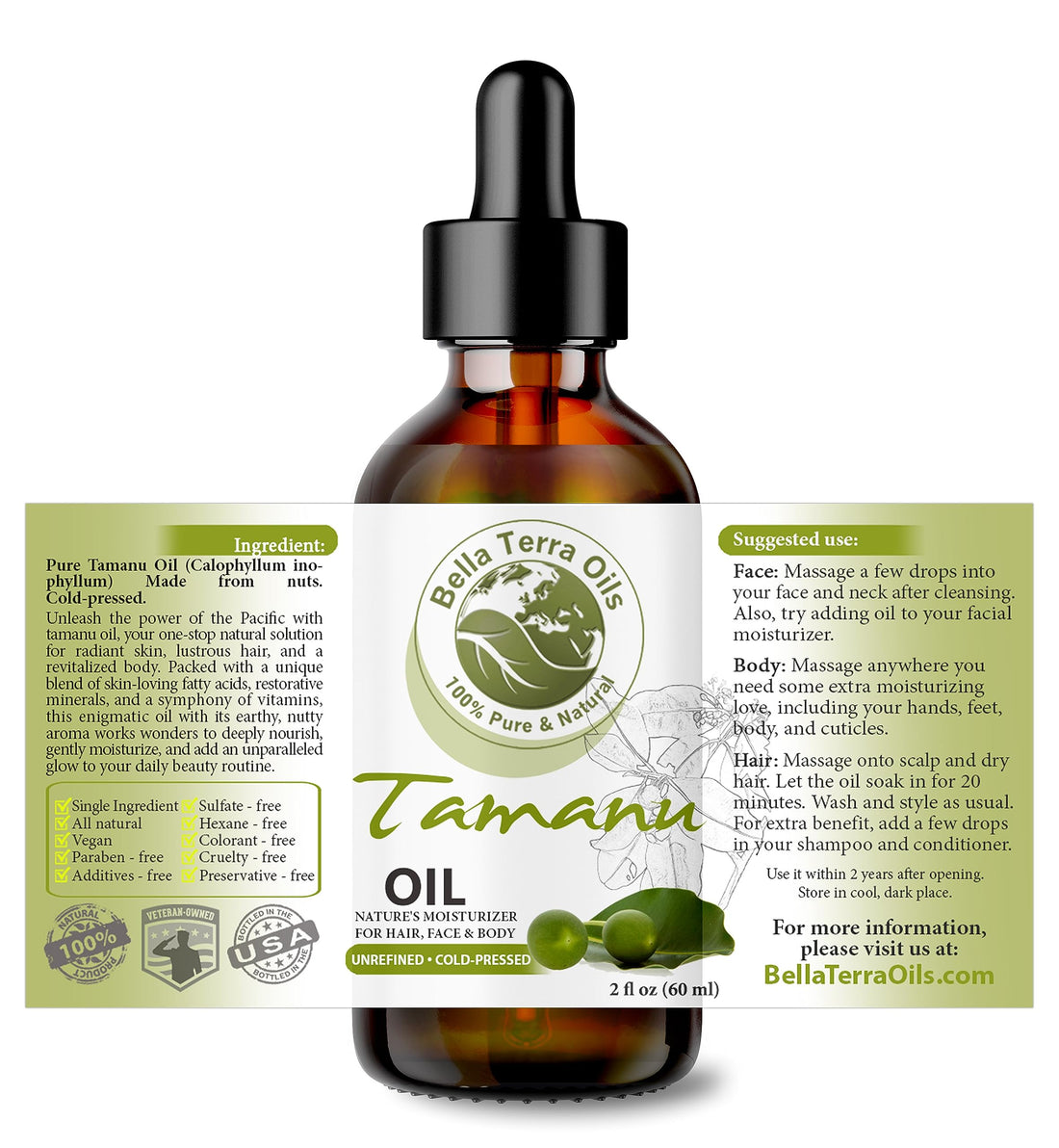 Bella Terra Oils - Organic Tamanu Oil 2oz - Celebrate Skin's Vitality, Naturally Rich in Fatty Acids & Vitamins, Distilled Essence from Pure Organic Tamanu Seeds