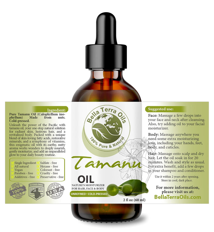 Bella Terra Oils - Organic Tamanu Oil 2oz - Celebrate Skin's Vitality, Naturally Rich in Fatty Acids & Vitamins, Distilled Essence from Pure Organic Tamanu Seeds