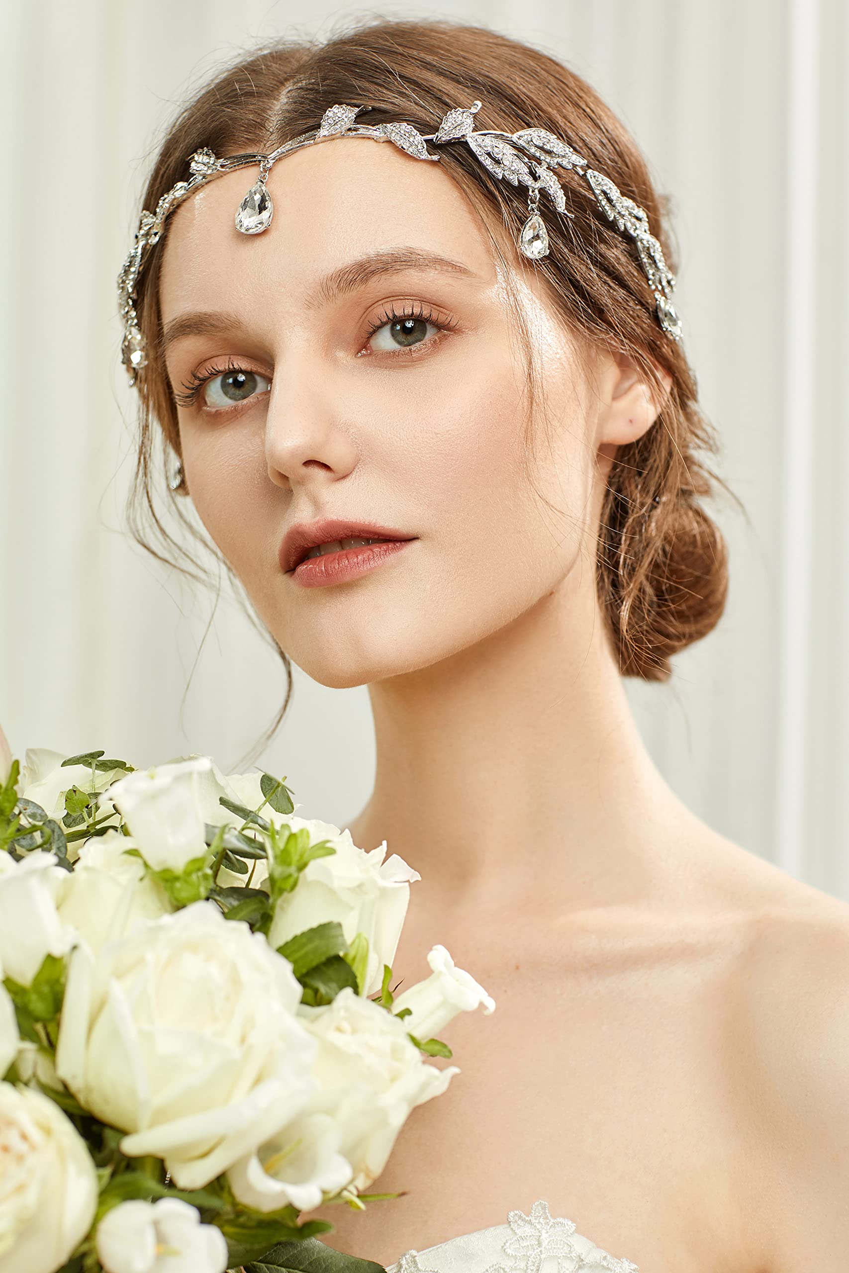 BABEYOND Elegant Rhinestone Leaf Wedding Bridal Bridesmaid Forehead Band Dangle Rhinestone Bridal Tiara Crown with Gift Box , Silver, One size