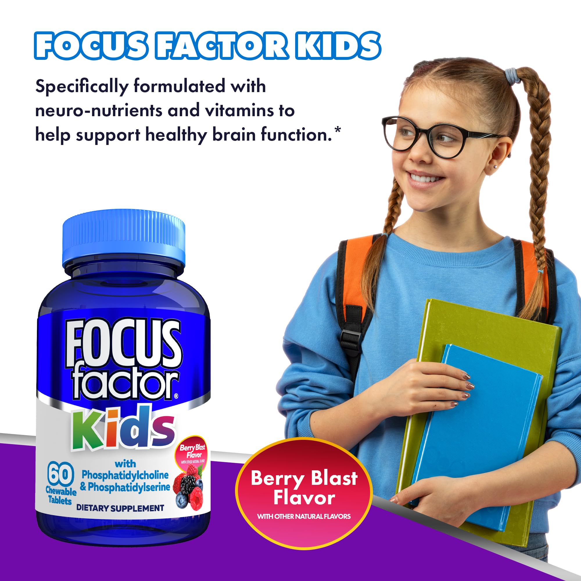 Focus Factor Kids Complete Daily Chewable Vitamins: Multivitamin & Neuro Nutrient (Brain Function) w/Vitamin B12, C, D3-60 Count