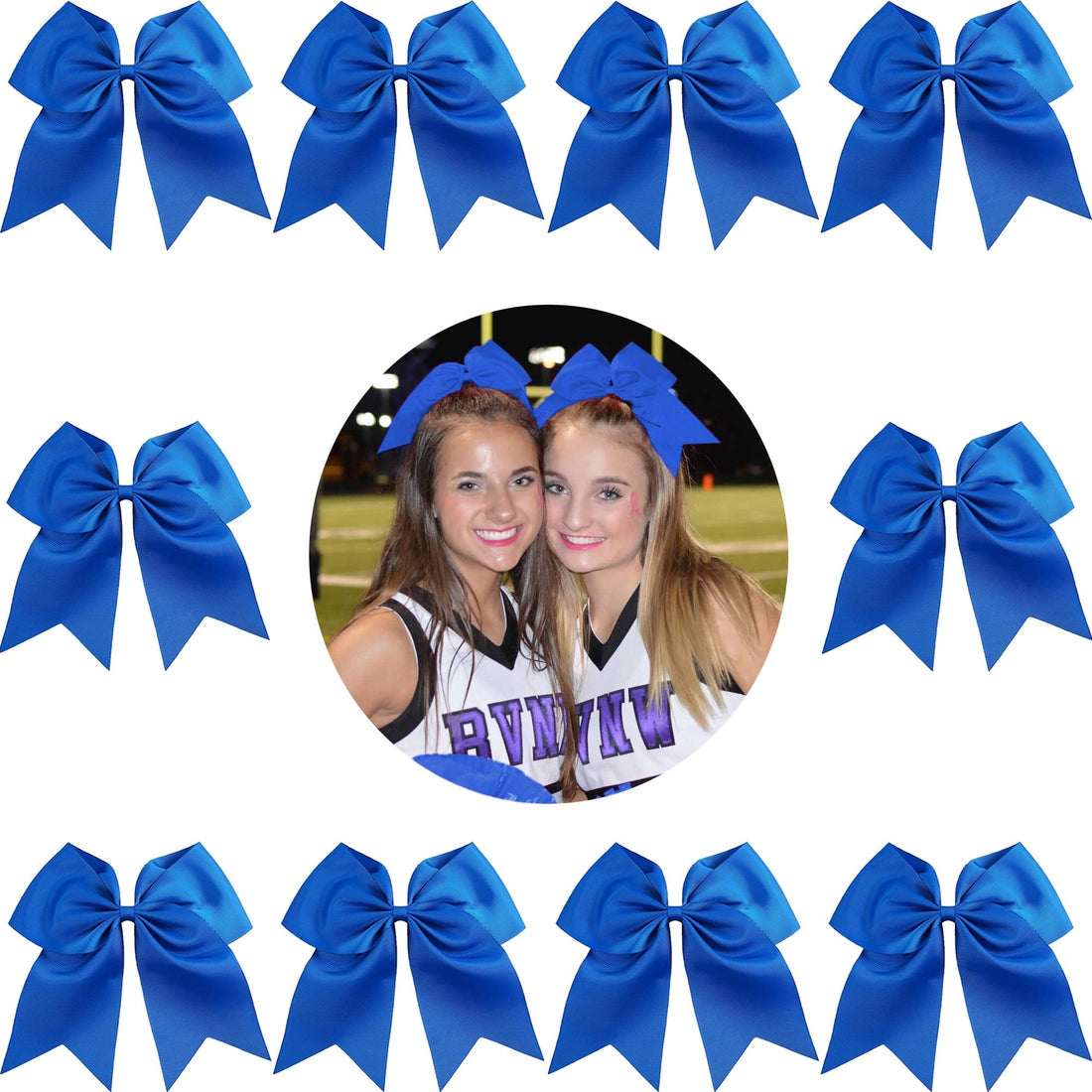 7 Jumbo Cheer Bow Big Hair Bows with Ponytail Holder Large Classic Accessories for Teens Women Girls Softball Cheerleader Sports Elastics Ties Handmade by Kenz Laurenz (10 pack 7 Cheer Bow Blue)